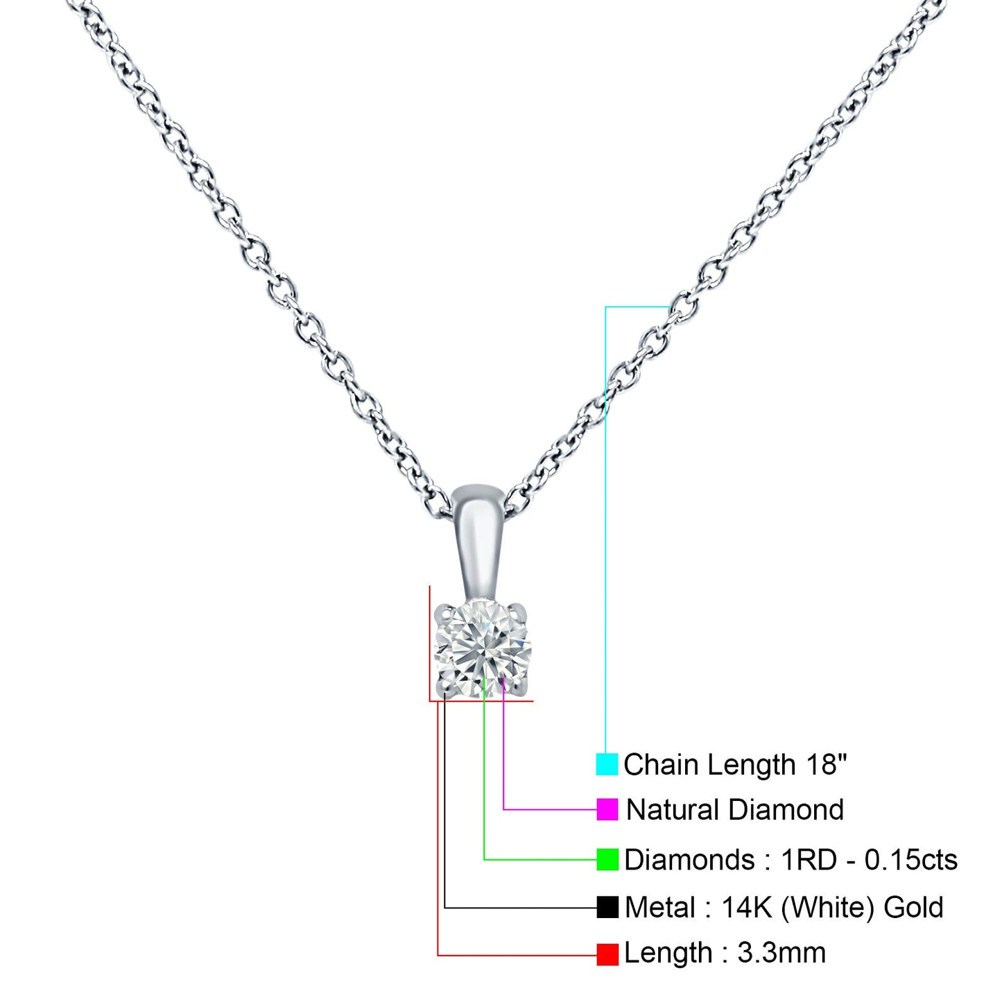 14K White Gold 0.15ct Diamond Solitaire Pendant Necklace 18" Long Wholesale