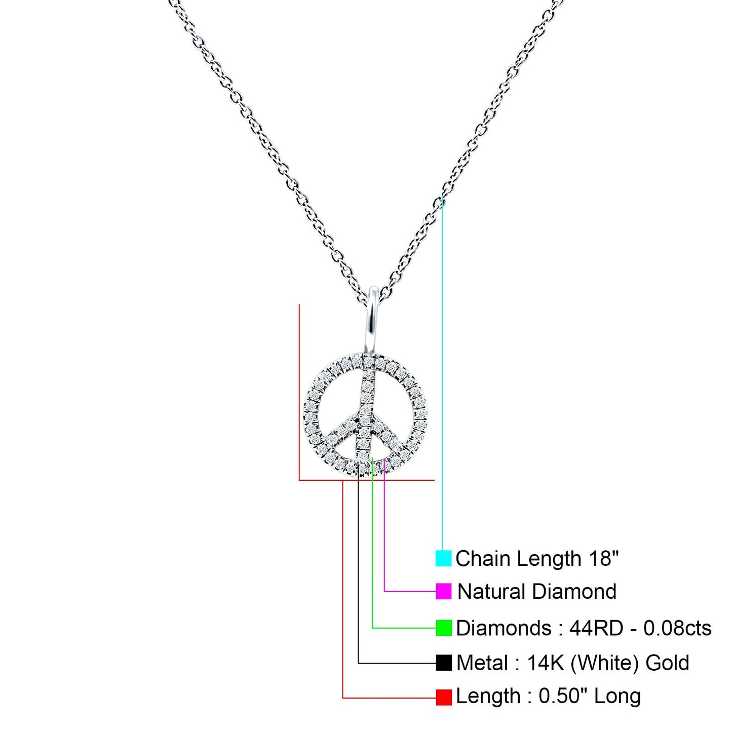 Peace Sign Necklace Diamond Pendant 14K White Gold 0.08ct Wholesale