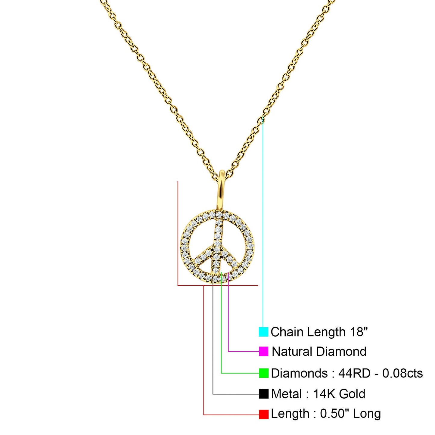 Peace Sign Necklace Diamond Pendant 14K Yellow Gold 0.08ct Wholesale