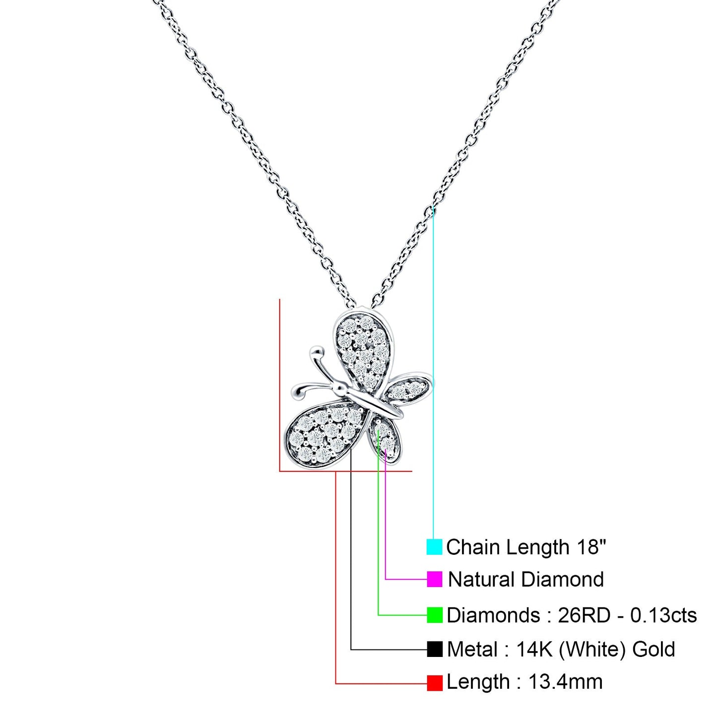 Butterfly Necklace Diamond Pendant 14K White Gold 0.13ct Wholesale