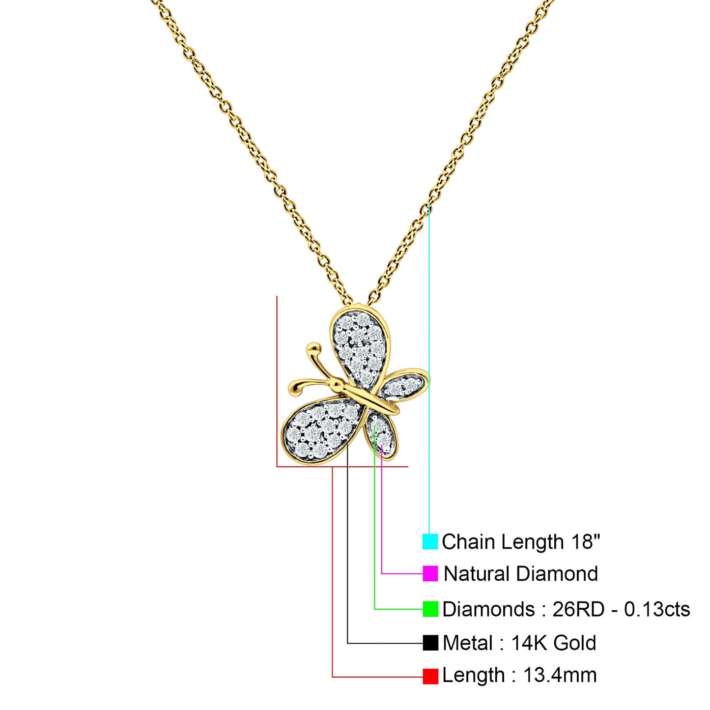 Butterfly Necklace Diamond Pendant 14K Yellow Gold 0.13ct Wholesale