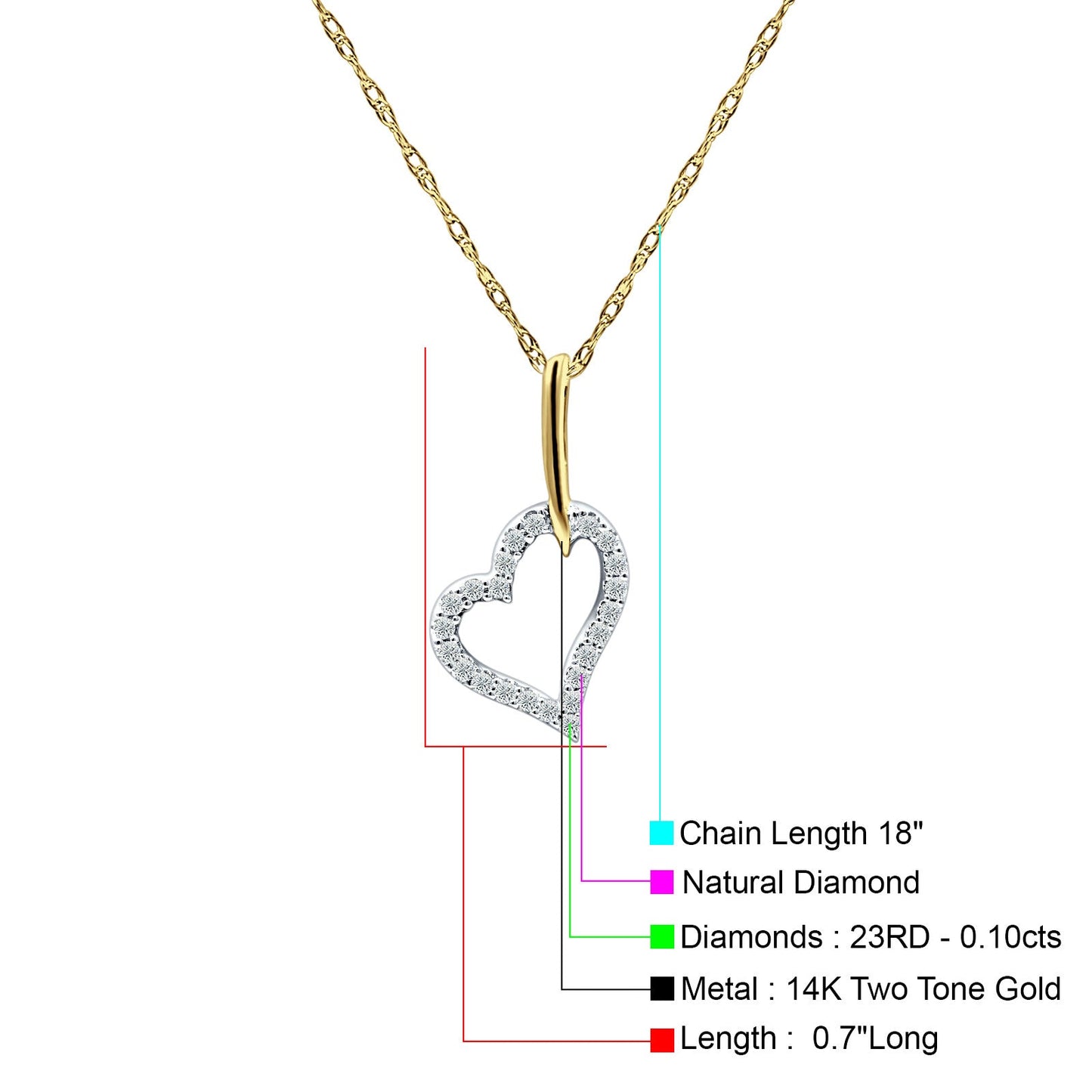 Diamond Heart Pendant Necklace 14K Two Tone Gold 0.10ct Wholesale