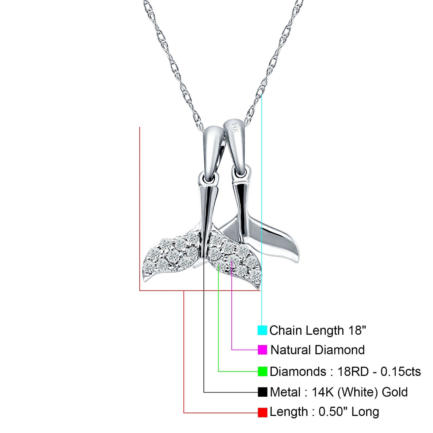 Whale Tail Necklace 14k White Gold 0.15ct diamond 18 Inch Long Wholesale