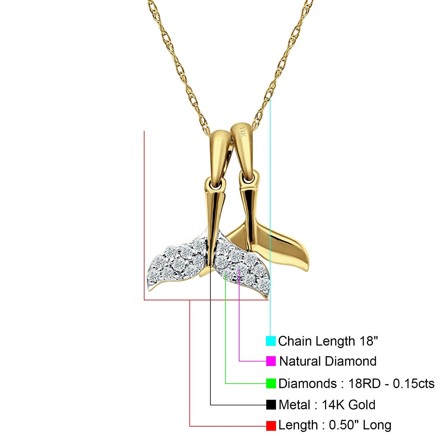 Whale Tail Necklace 14k Yellow Gold 0.15ct diamond 18 Inch Long Wholesale