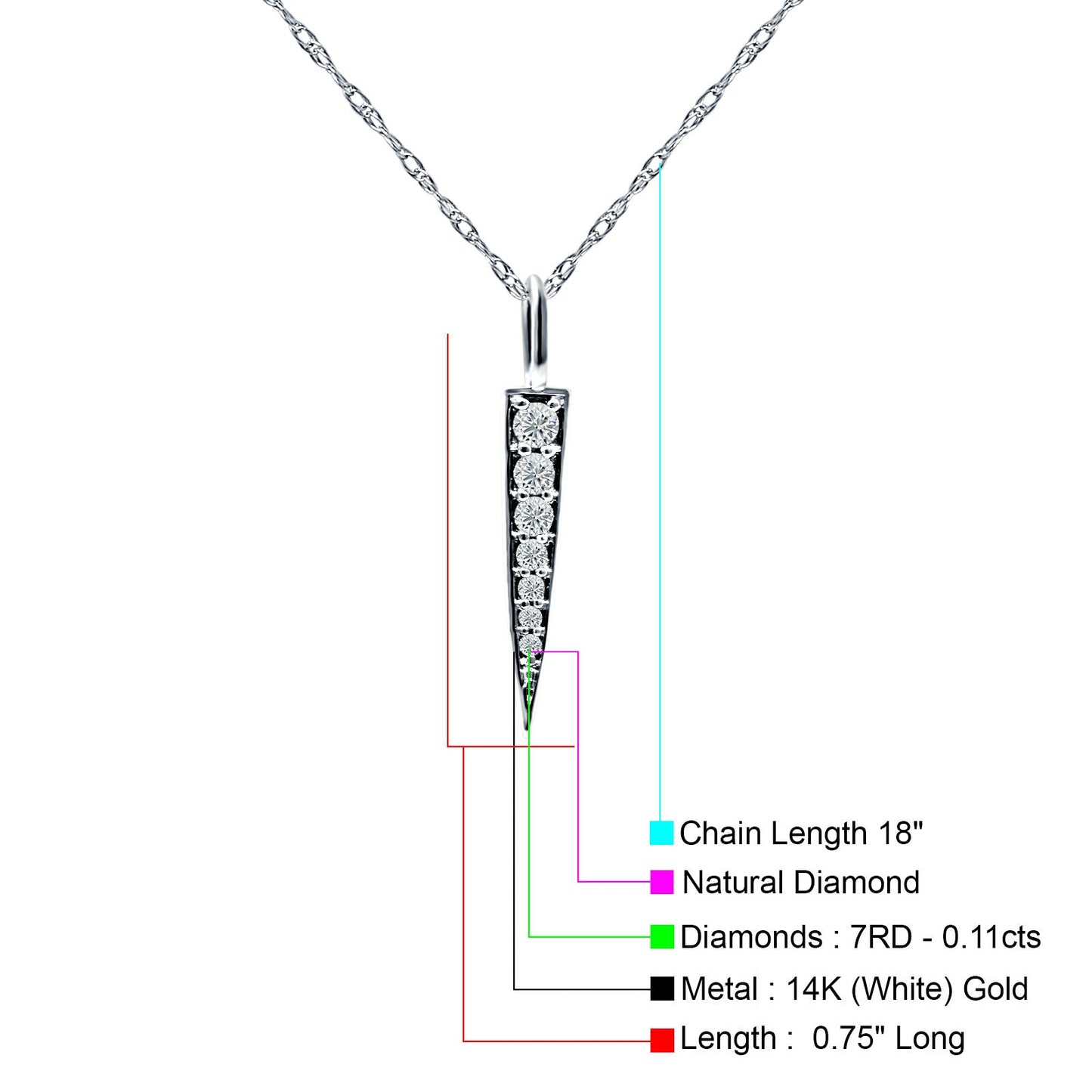 Dagger Necklace 14k White Gold 0.11ct Diamond 18 Inch Long Wholesale