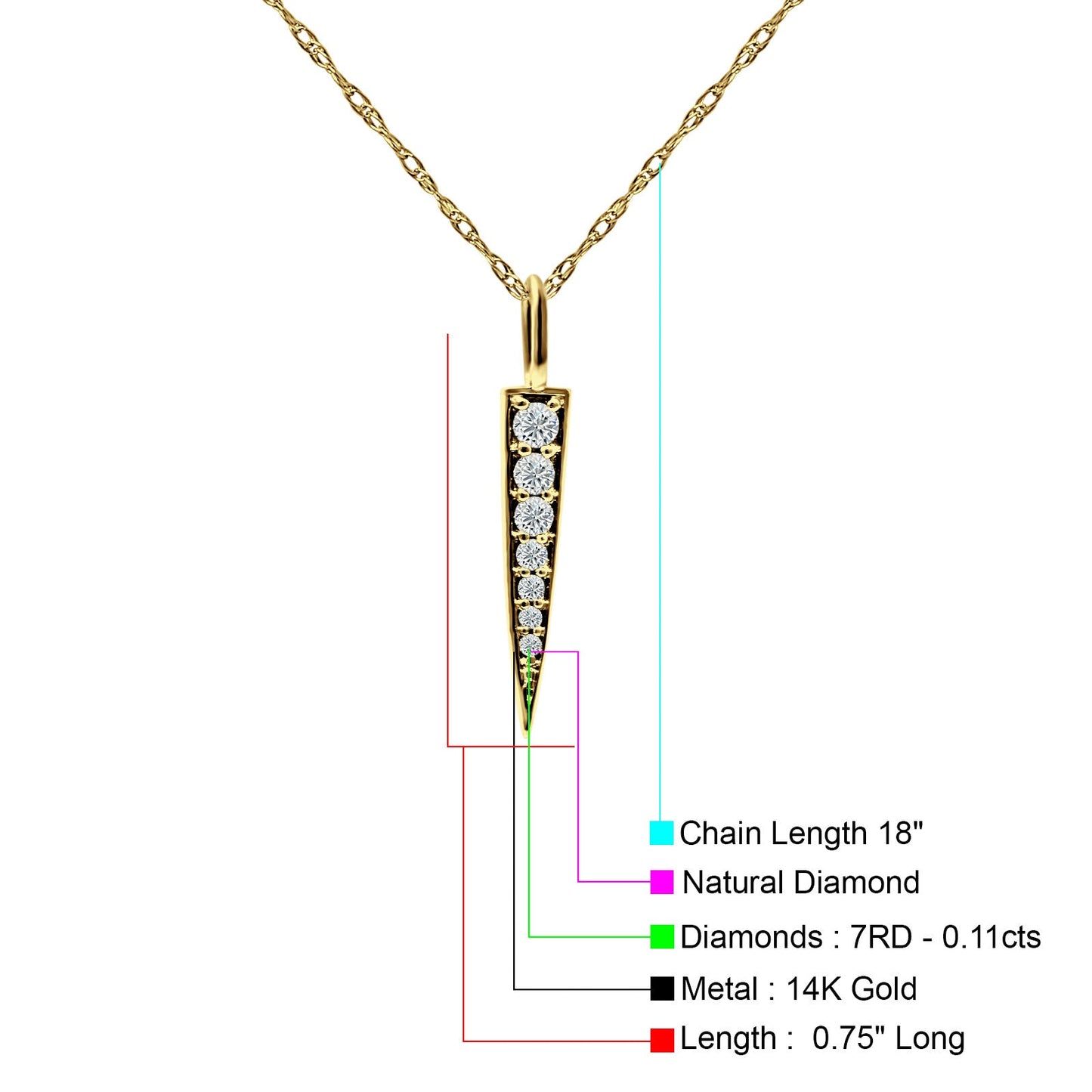 Dagger Necklace 14k Yellow Gold 0.11ct Diamond 18 Inch Long Wholesale