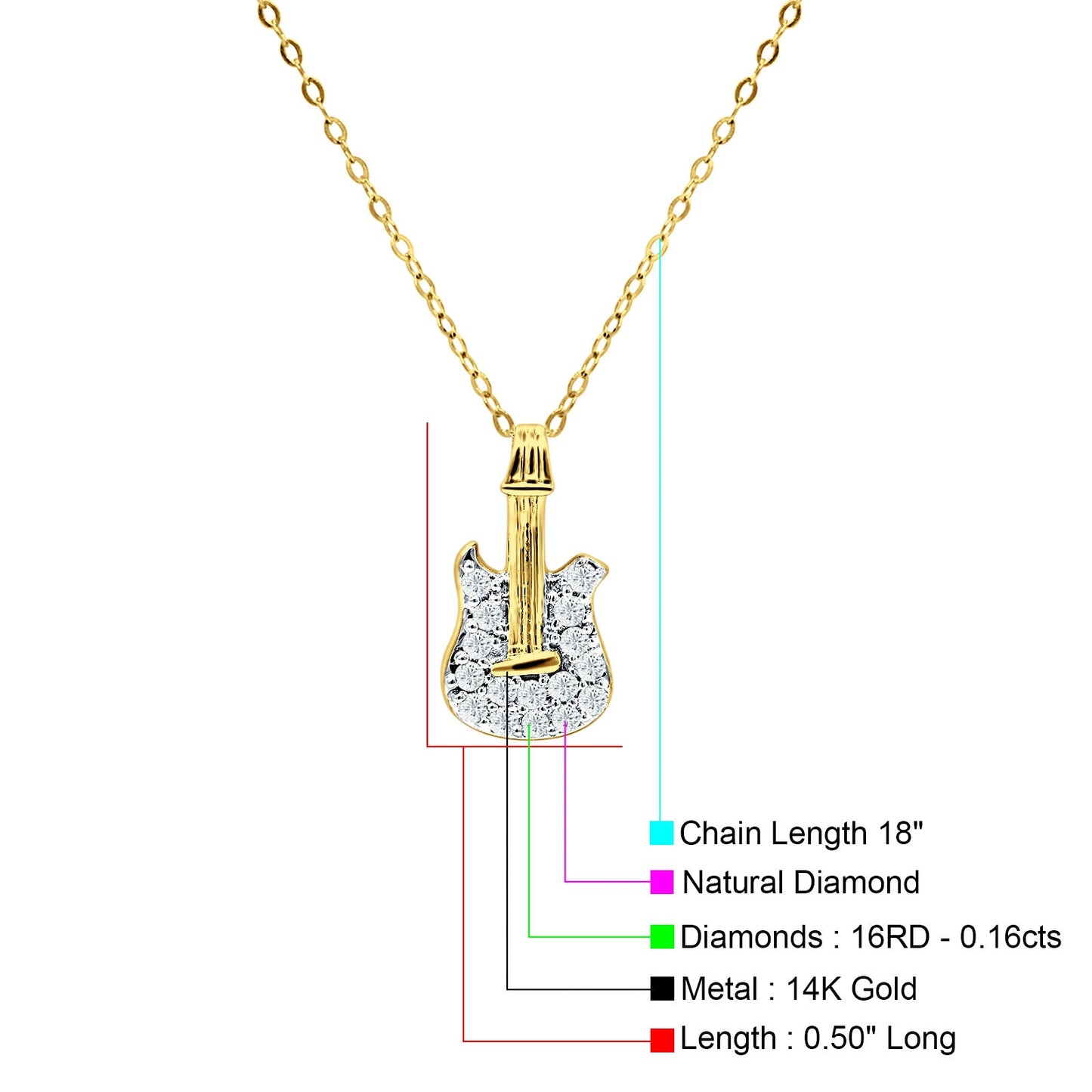 Diamond Guitar Necklace 14K Yellow Gold 0.16ct Wholesale