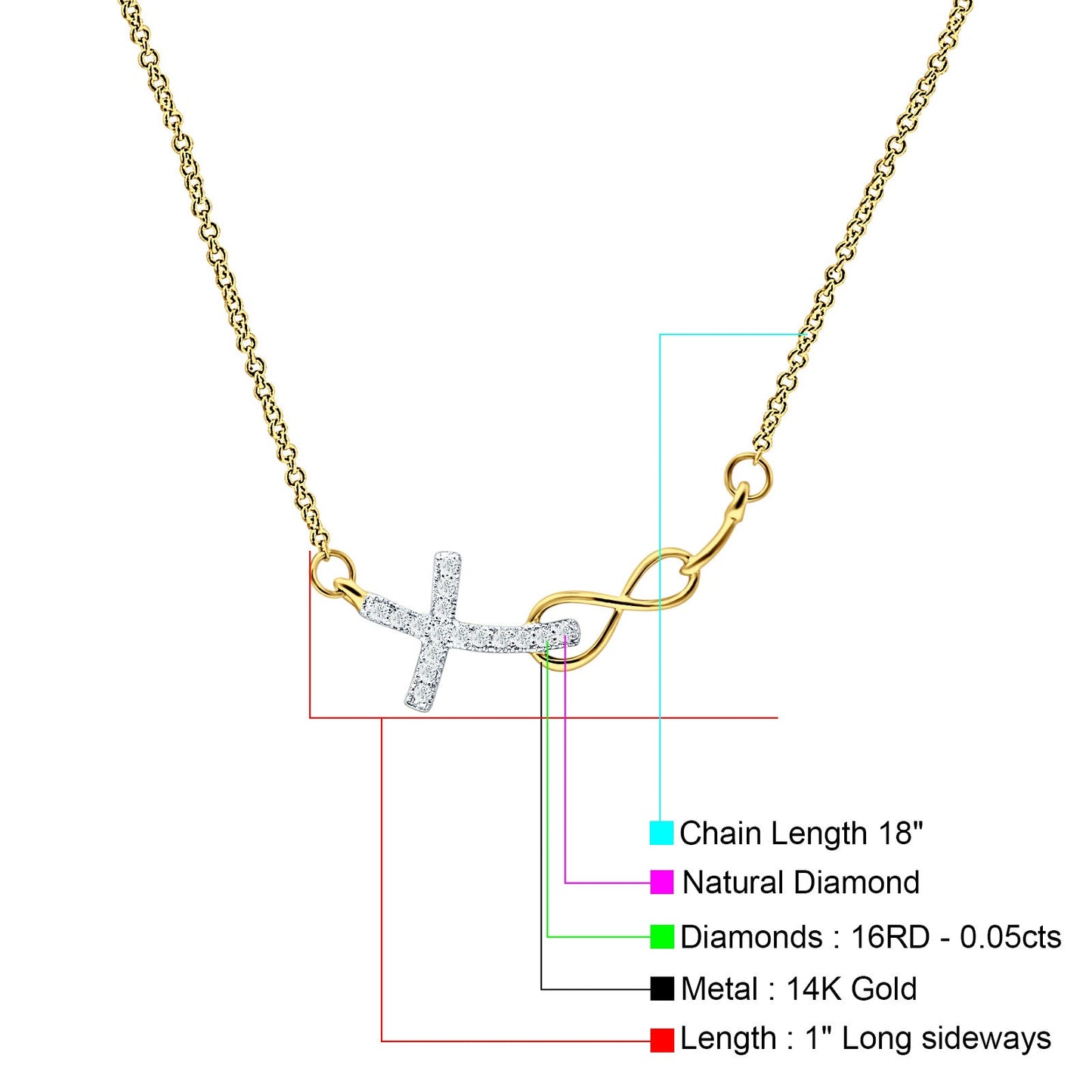 Cross Pendant Diamond Infinity Necklace 14K Yellow Gold 0.05ct Wholesale