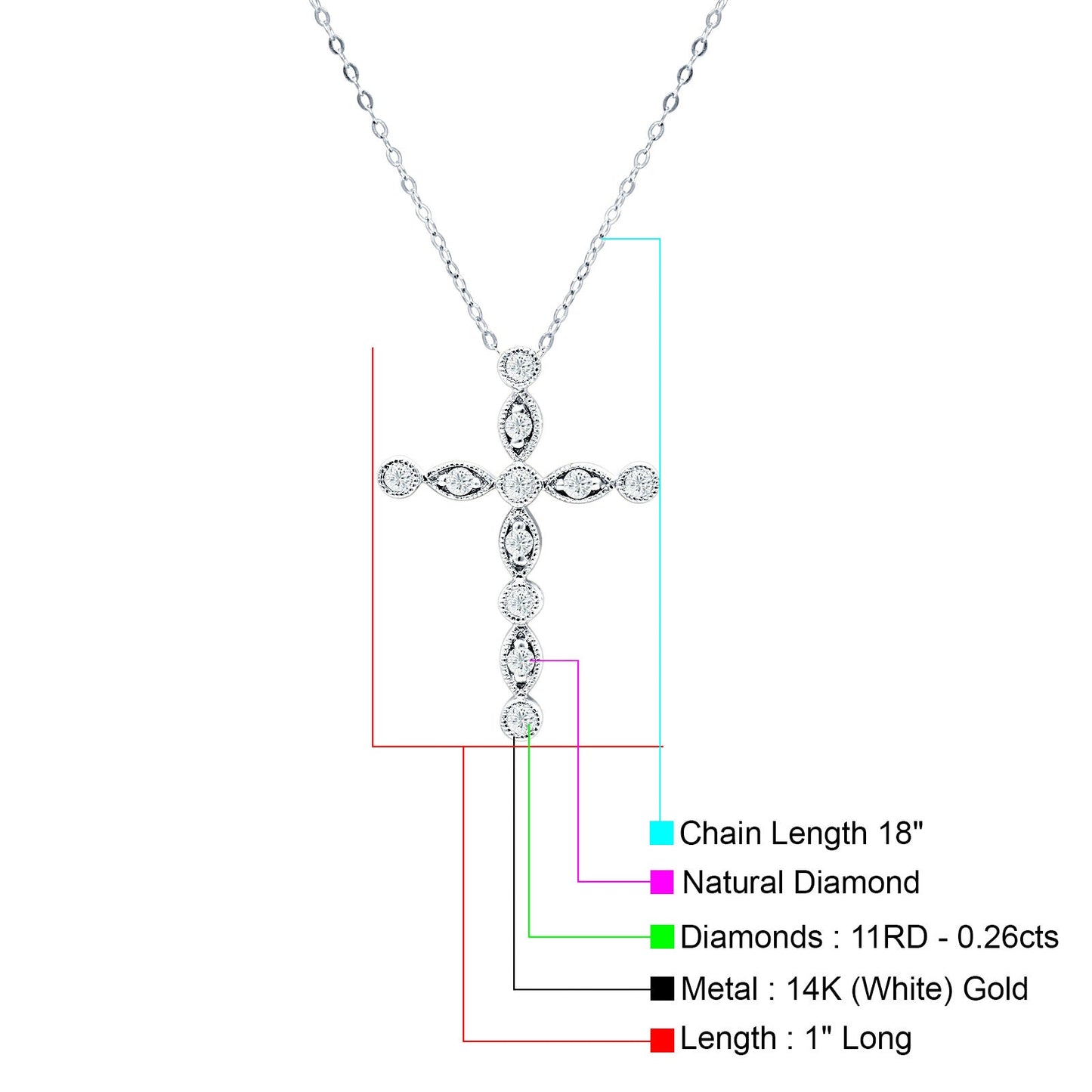 Diamond Cross Pendant Necklace 14K White Gold 0.26ct Wholesale