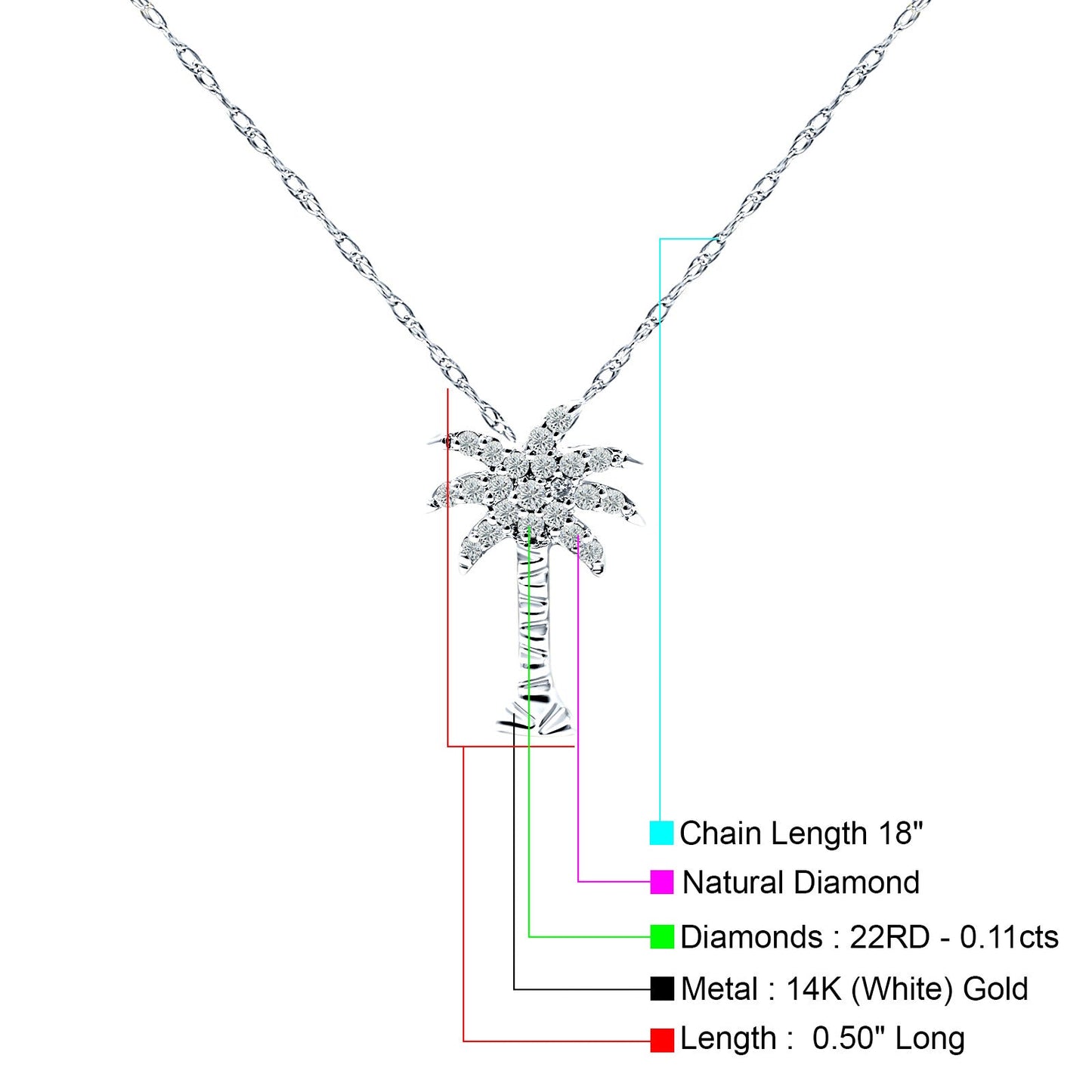 14K White Gold 0.11ct Palm Tree Diamond Pendant Chain Necklace 18" Long Wholesale