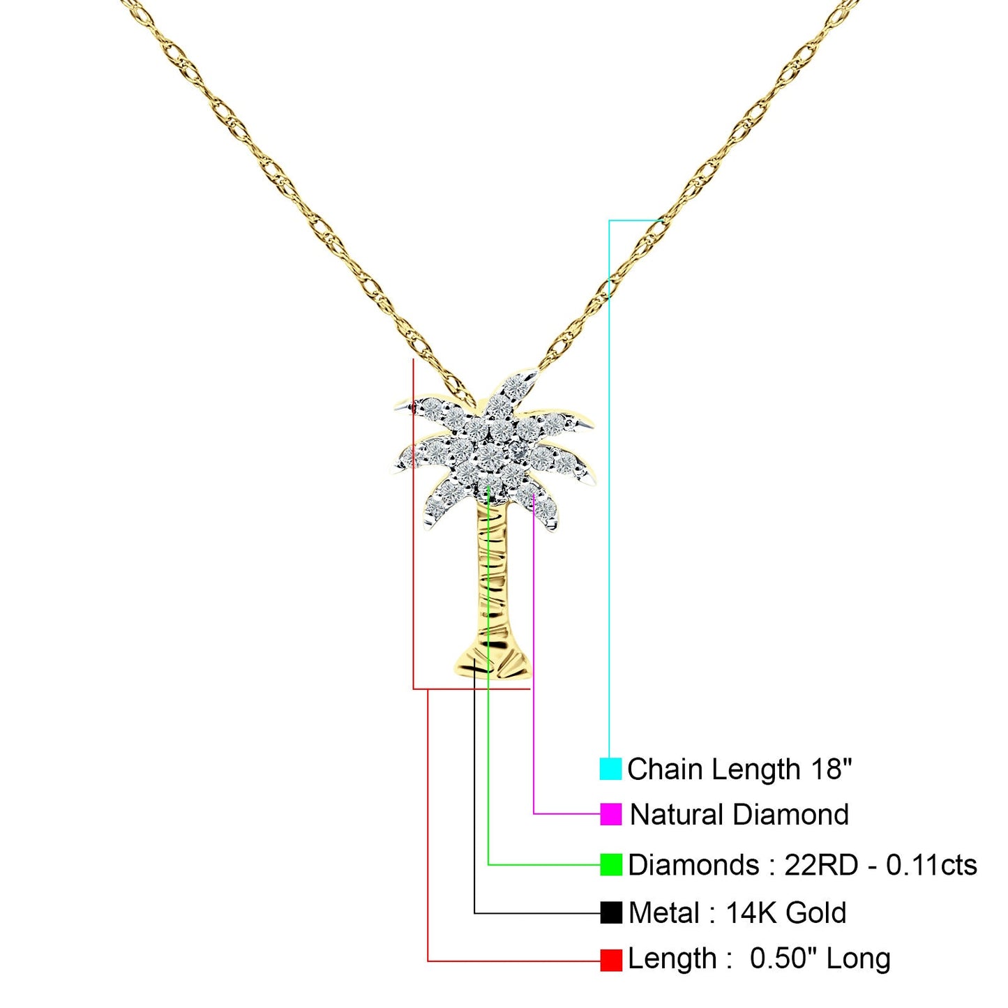 Diamond Palm Tree Necklace 14K Yellow Gold 0.11ct  Wholesale