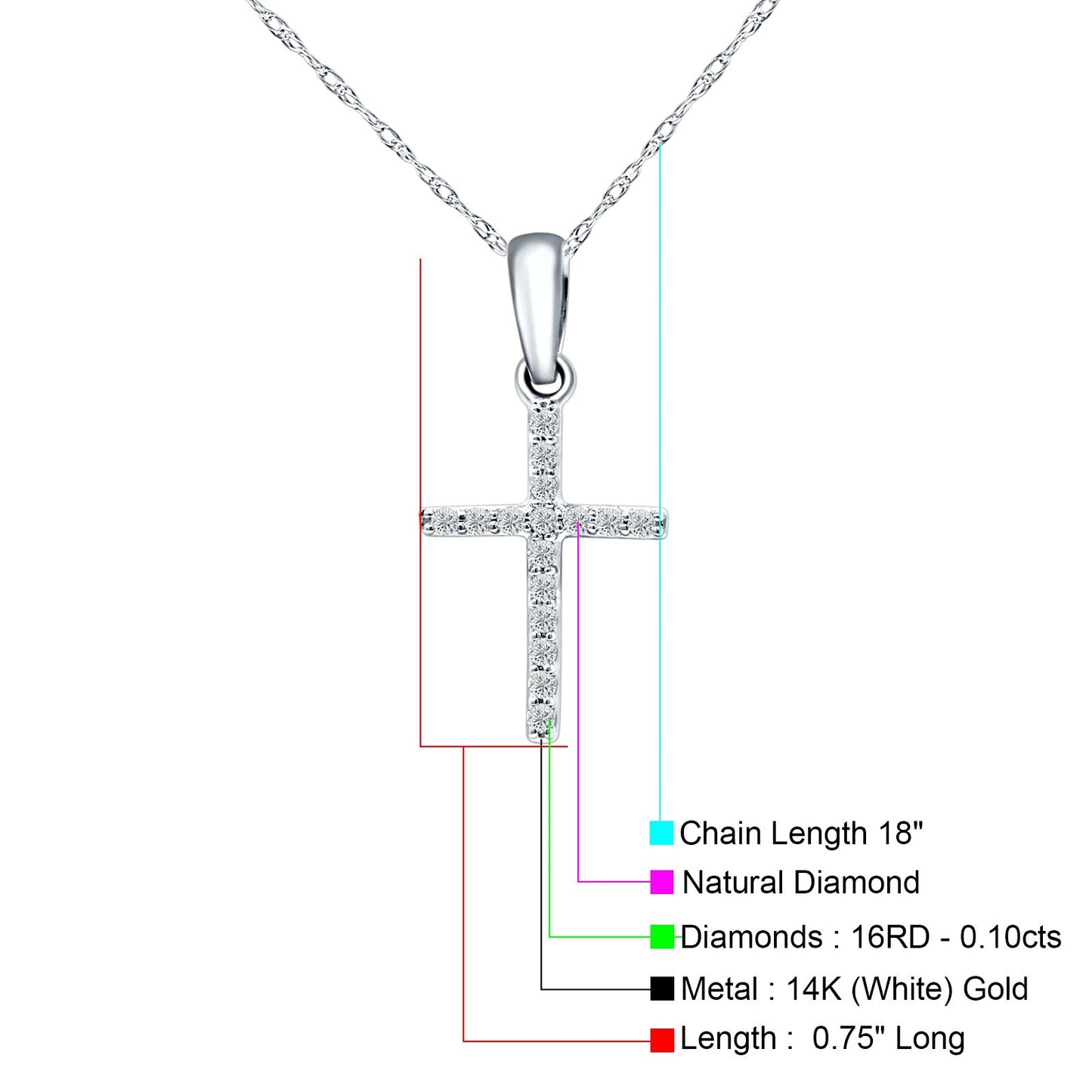 14K White Gold 0.10ct Cross Diamond Pendant Chain Necklace 18" Long Wholesale