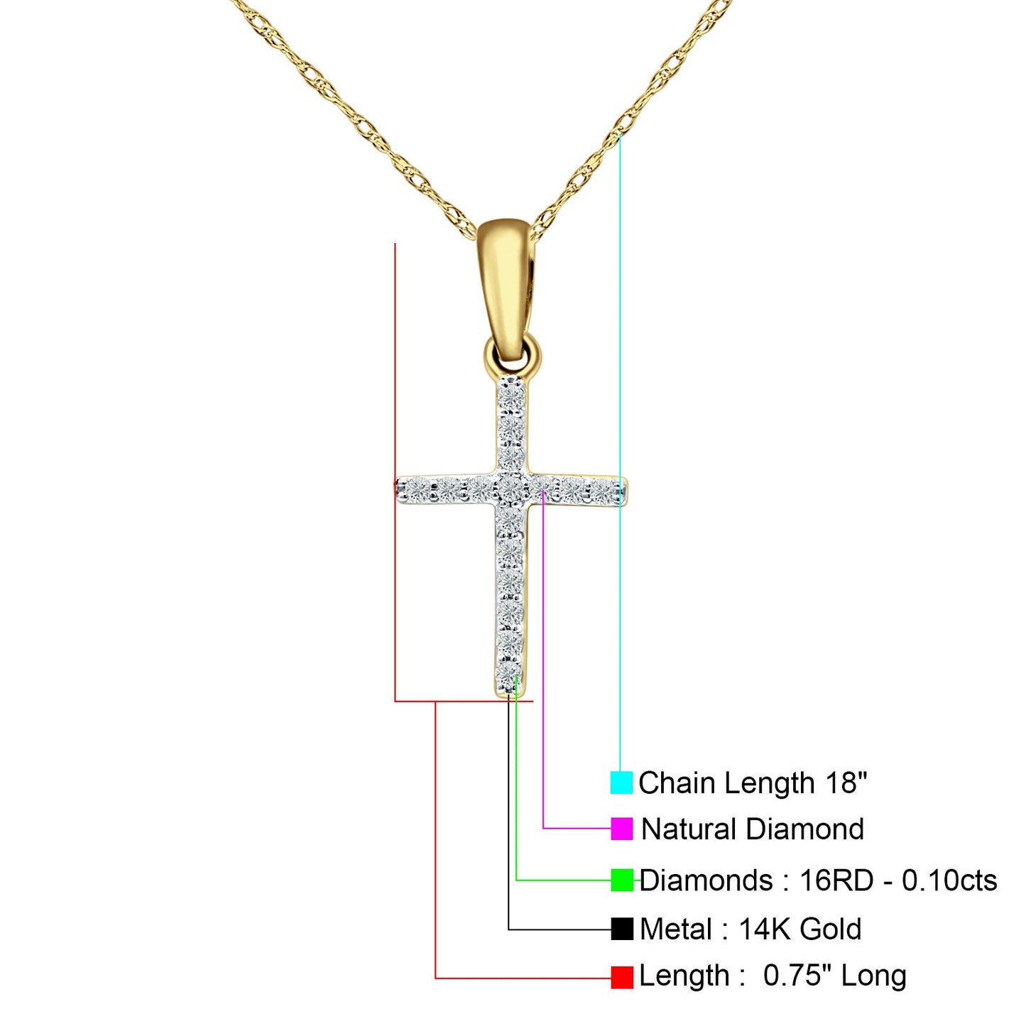 14K Yellow Gold 0.10ct Cross Diamond Pendant Chain Necklace 18" Long Wholesale