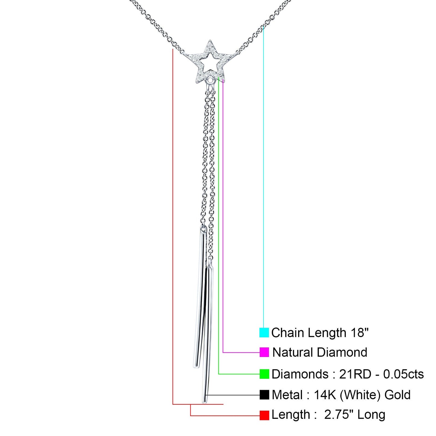 Dangling Diamond Line Star Necklace 14K White Gold 0.05ct Wholesale