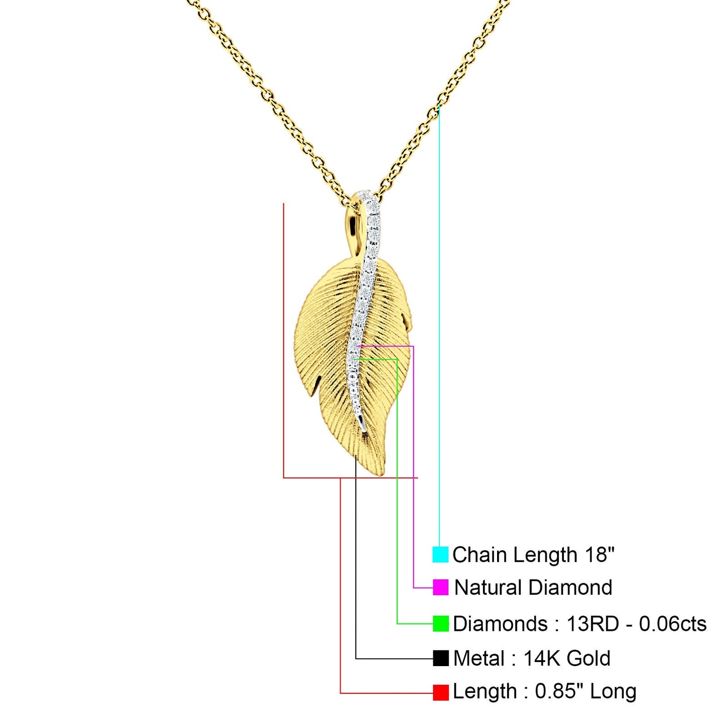 Leaf Necklace Diamond Pendant 14K Yellow Gold 0.06ct Wholesale