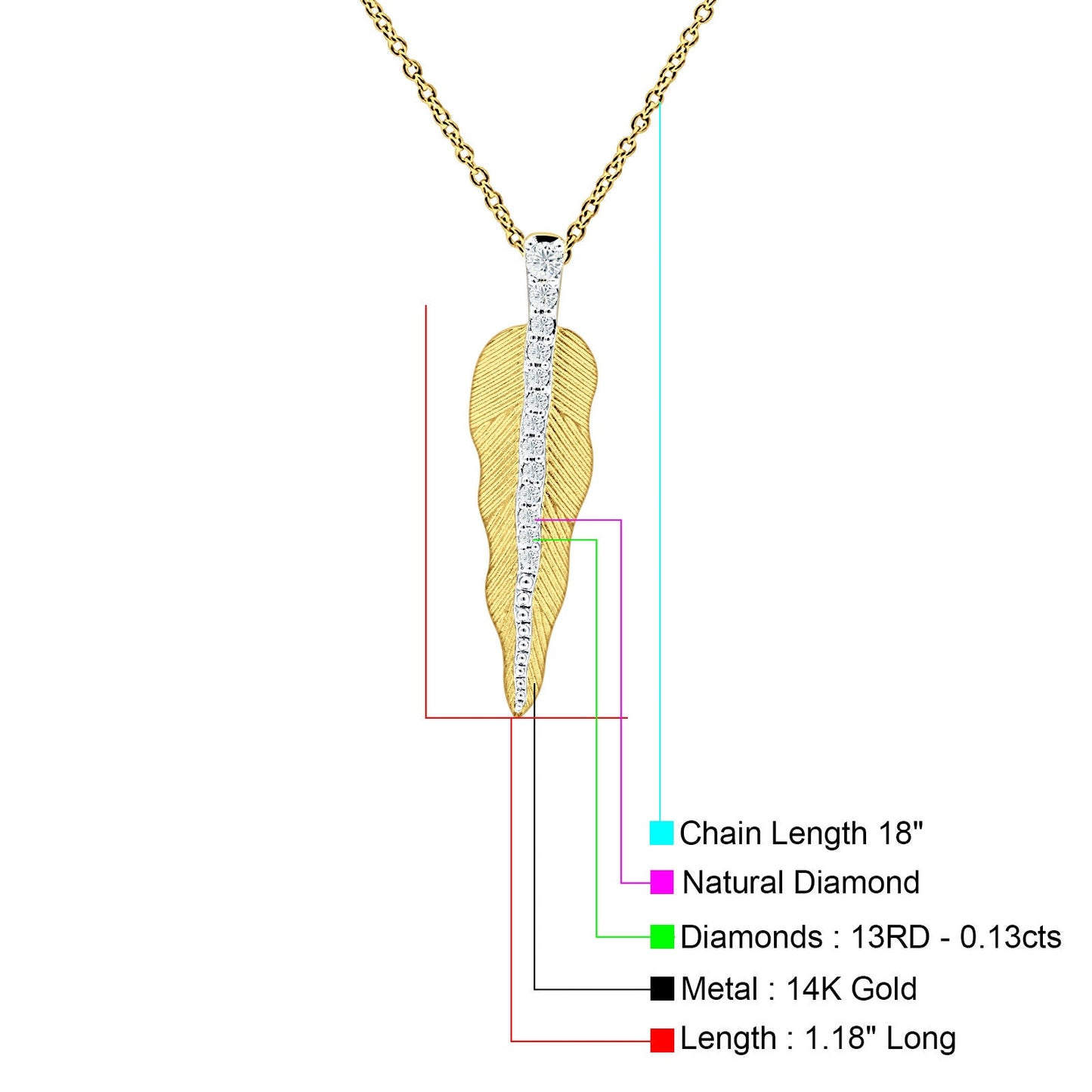 Diamond Pendant Leaf Necklace 14K Yellow Gold 0.13ct Wholesale