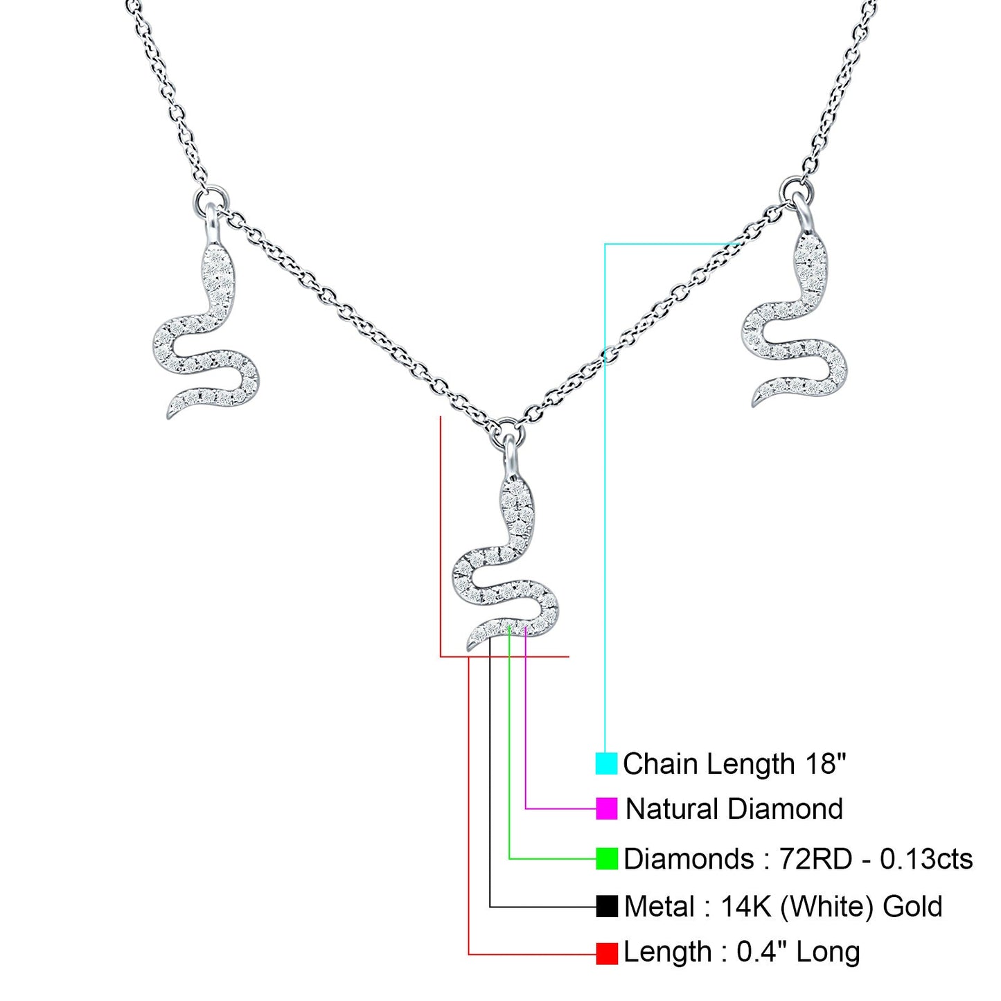 Dangling Diamond Snake Necklace 14K White Gold 0.13ct Wholesale