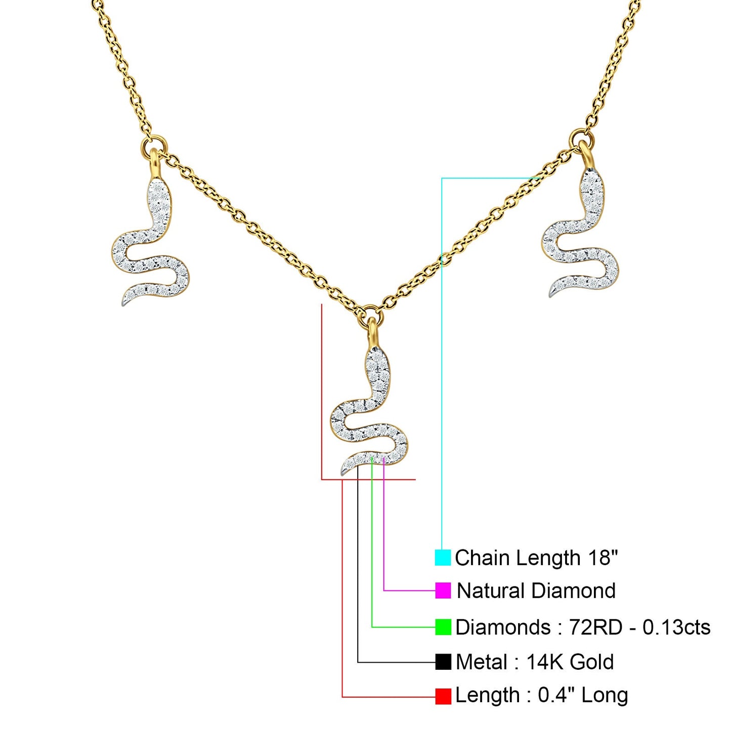 Dangling Diamond Snake Necklace 14K Yellow Gold 0.13ct Wholesale