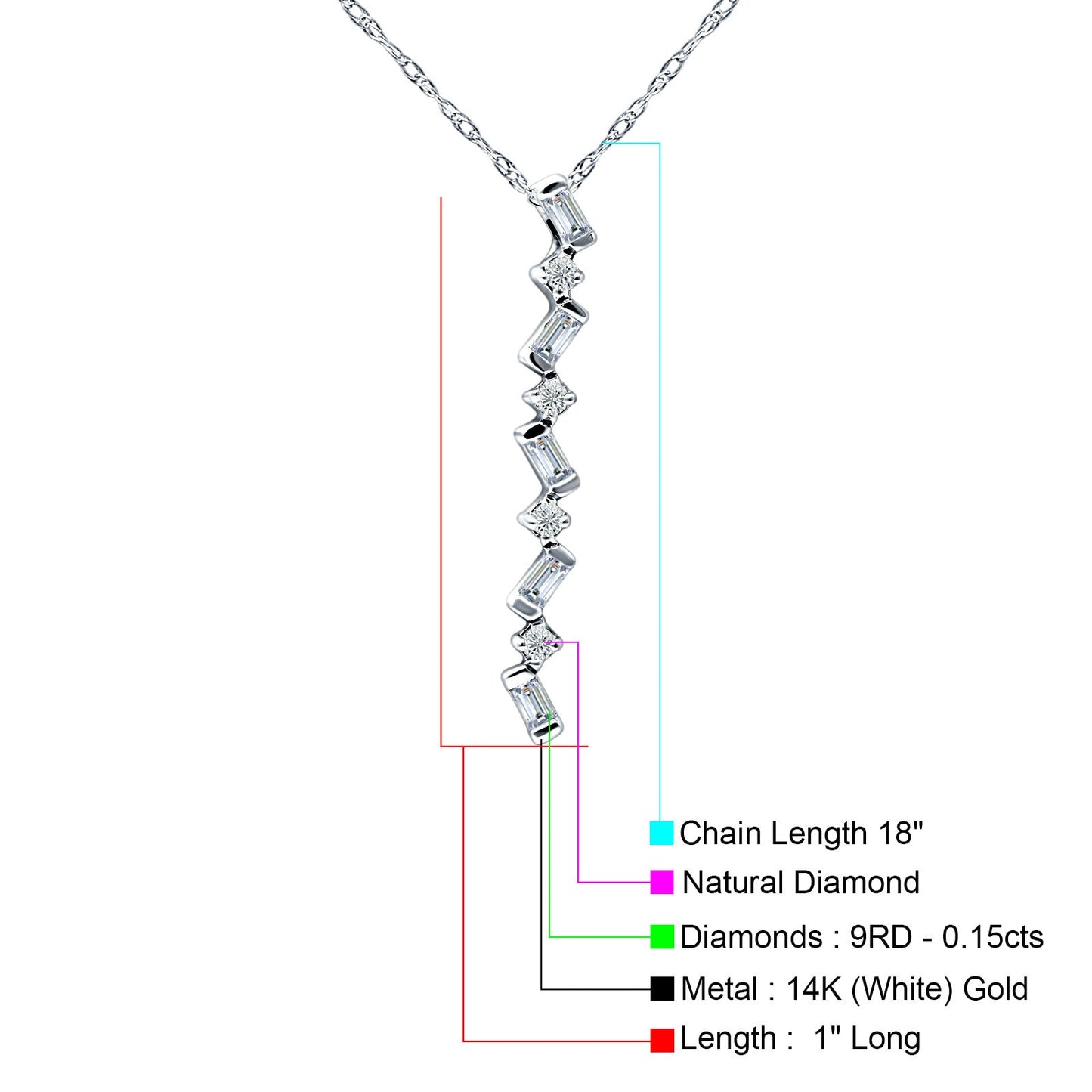 14K White Gold 0.15ct Crystal Drop Diamond Pendant Chain Necklace 18" Long Wholesale