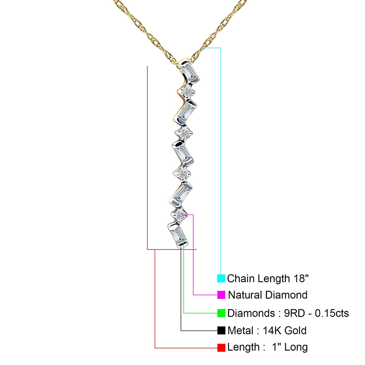 14K Yellow Gold 0.15ct Crystal Drop Diamond Pendant Chain Necklace 18" Long Wholesale