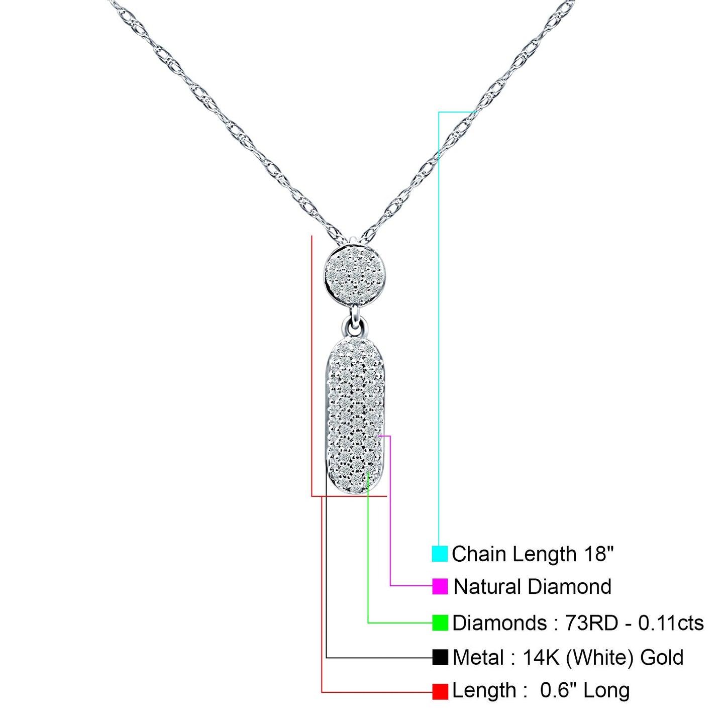 14K White Gold 0.11ct Crystal Drop Diamond Pendant Chain Necklace 18" Long Wholesale