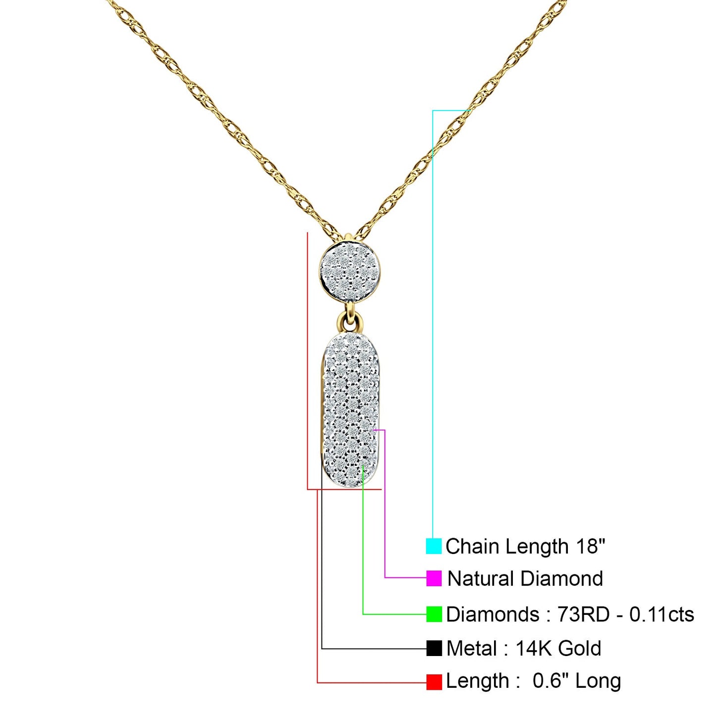 14K Yellow Gold 0.11ct Crystal Drop Diamond Pendant Chain Necklace 18" Long Wholesale