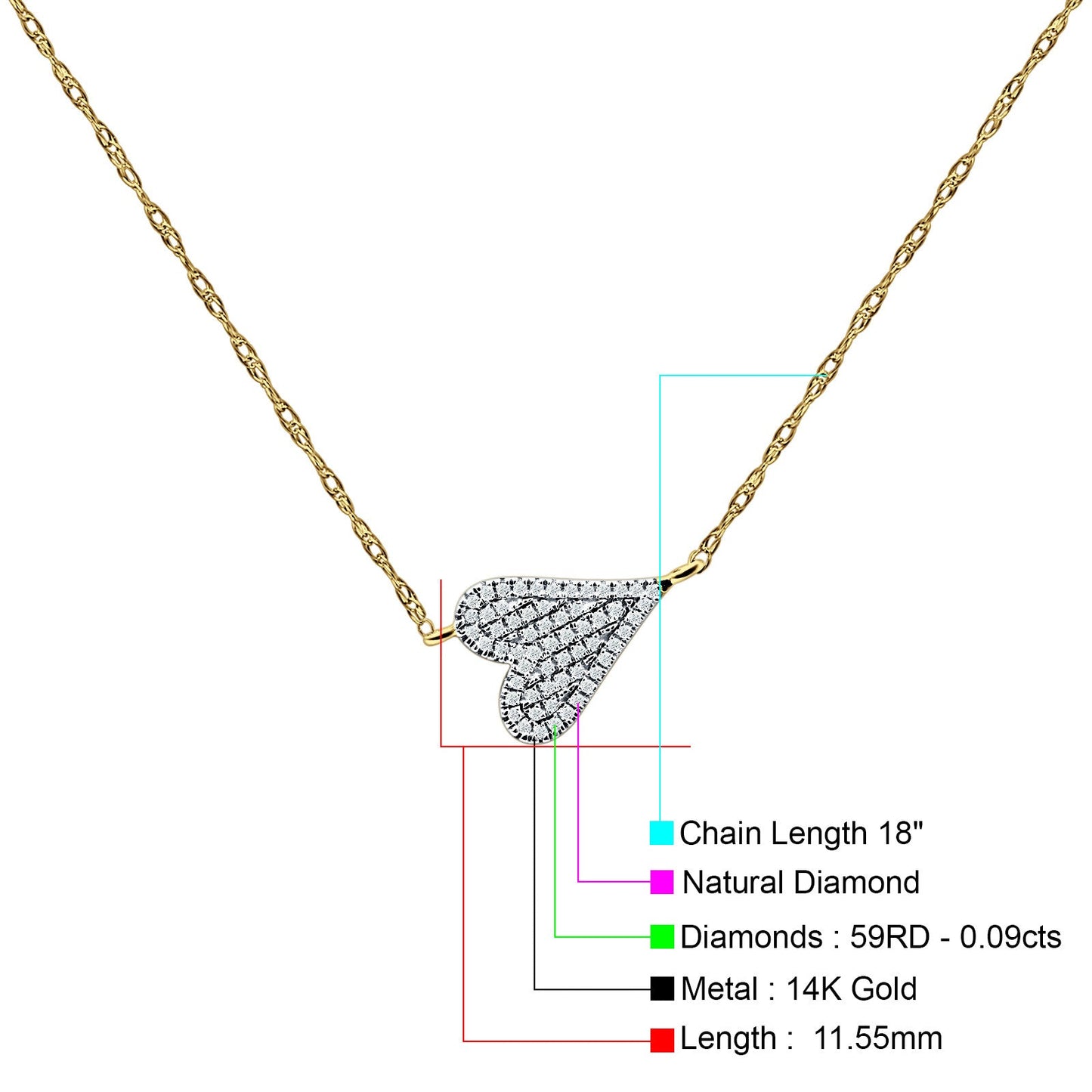 Diamond Sideways Heart Necklace 14K Yellow Gold 0.09ct Wholesale