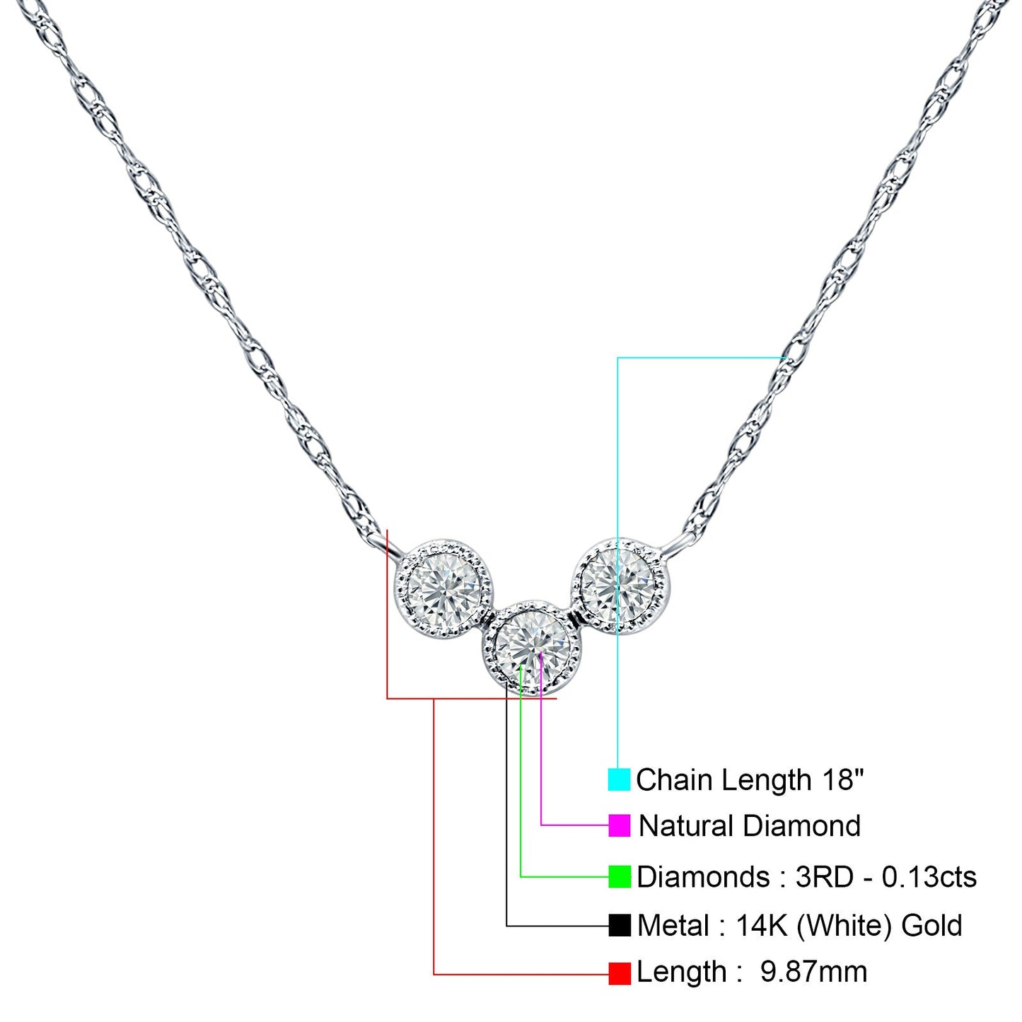 14K White Gold 0.13ct Three Stone Diamond Pendant Chain Necklace 18" Long Wholesale