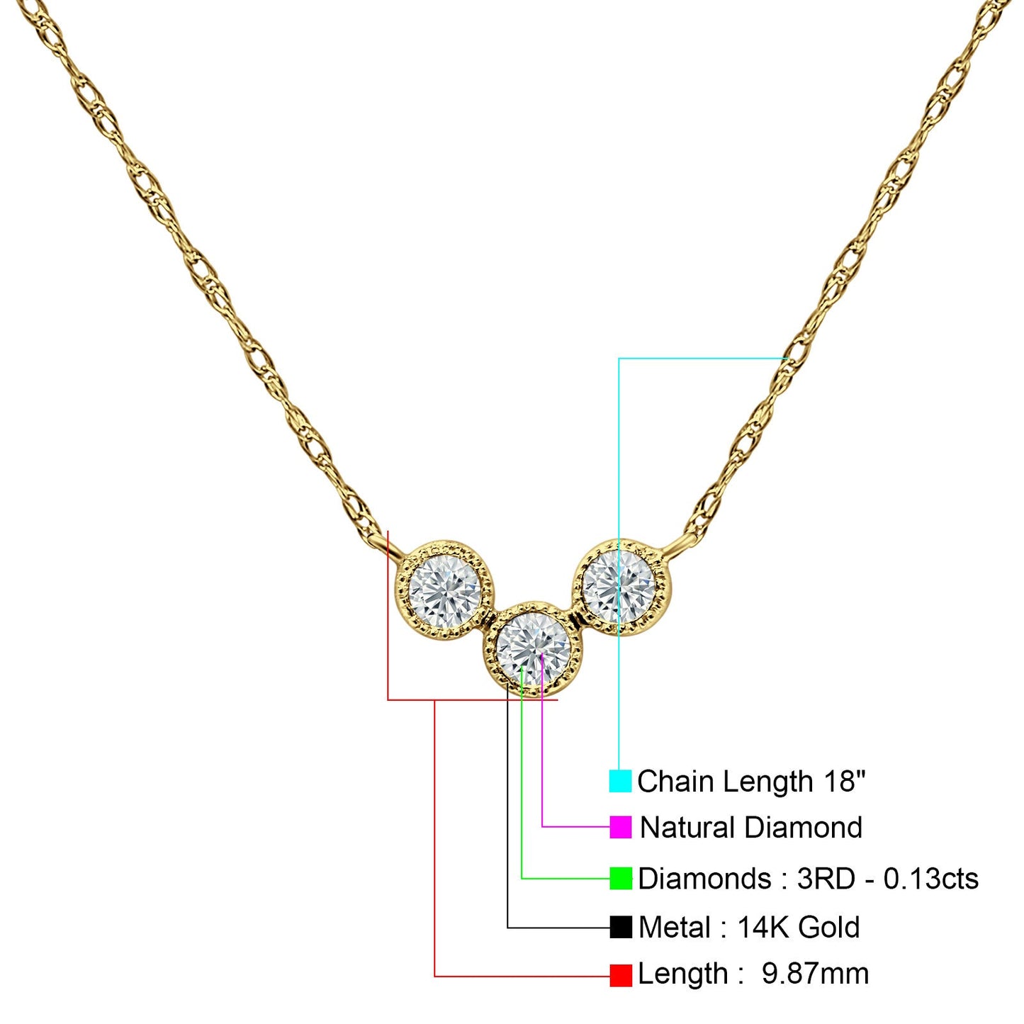 14K Yellow Gold 0.13ct Three Stone Diamond Pendant Chain Necklace 18 Inch Long Wholesale