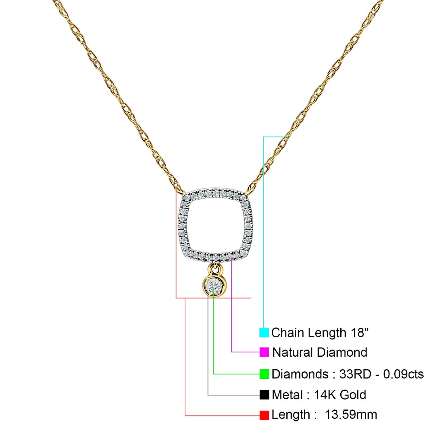 Dangling Diamond Cushion Cut Necklace 14K Yellow Gold 0.09ct Wholesale