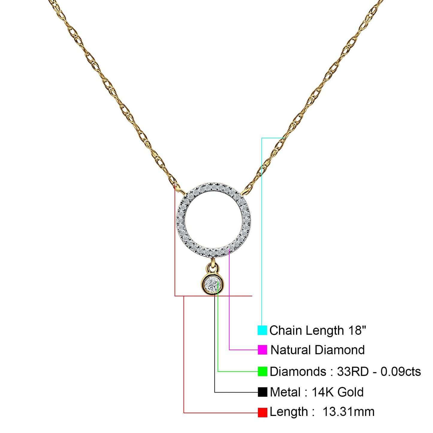 Dangling Diamond Open Circle Necklace 14K Yellow Gold 0.09ct Wholesale