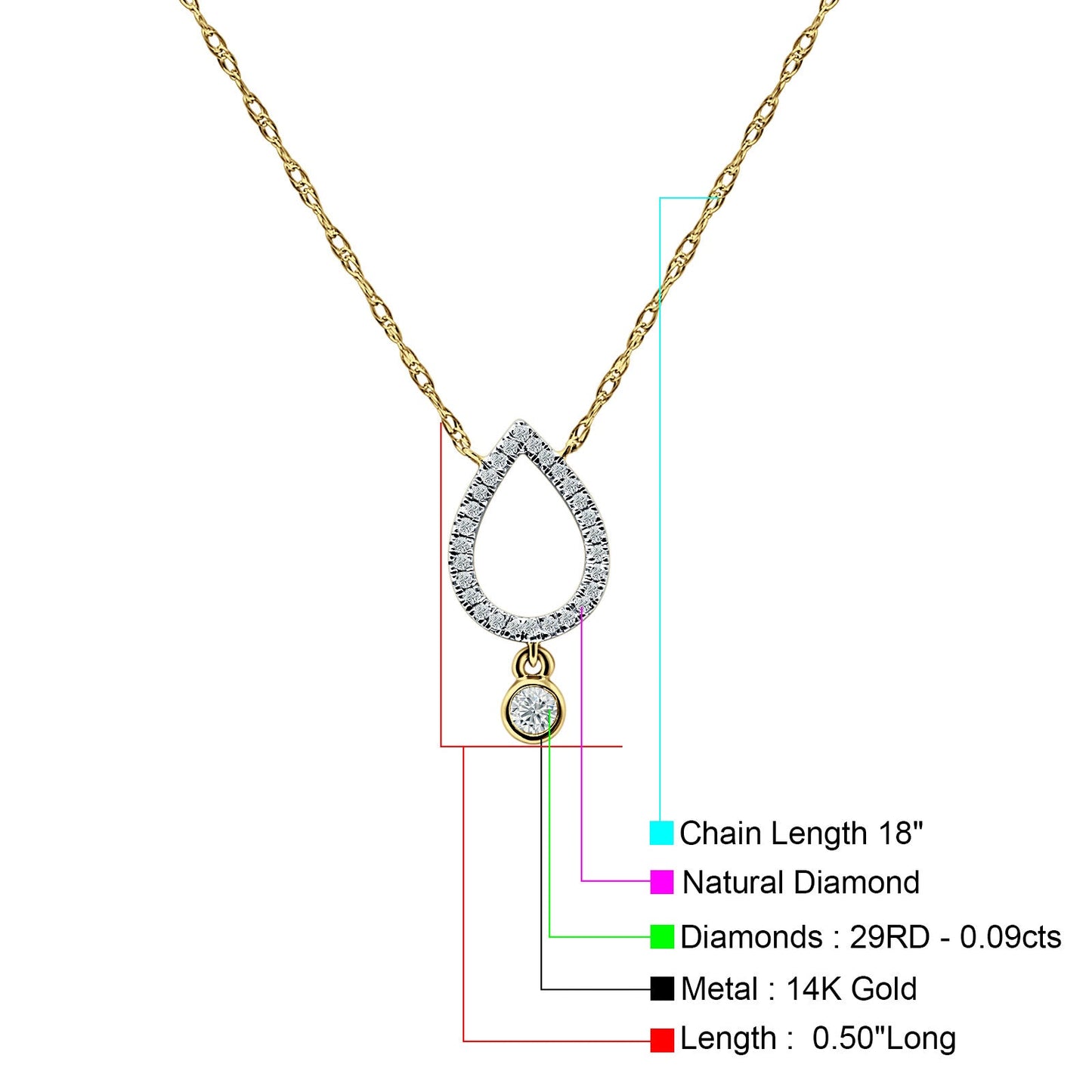 Dangling Diamond Pear Teardrop Necklace 14K Yellow Gold 0.09ct Wholesale