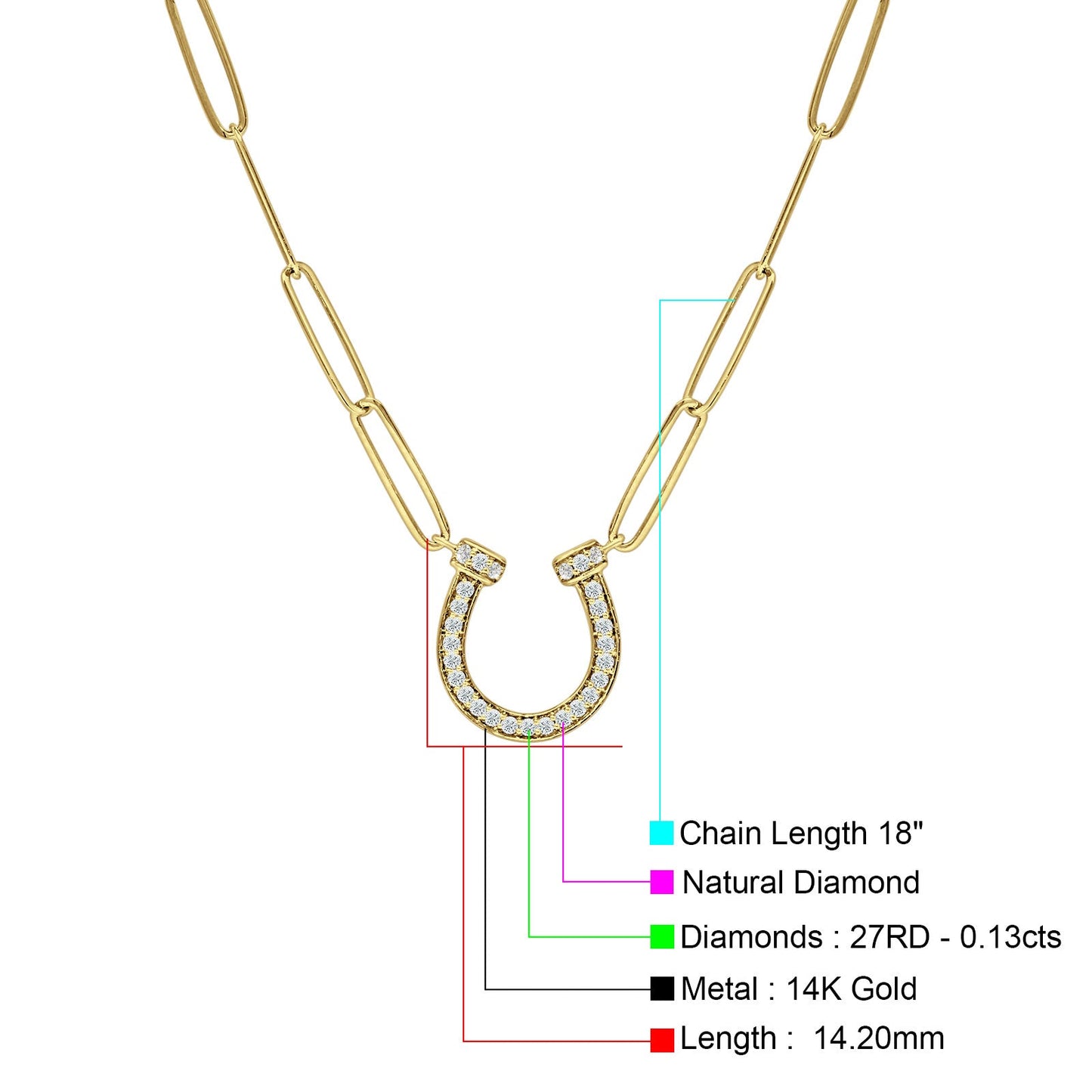 Diamond Horseshoe Necklace Paper Clips Chain 14K Yellow Gold 0.13ct Wholesale