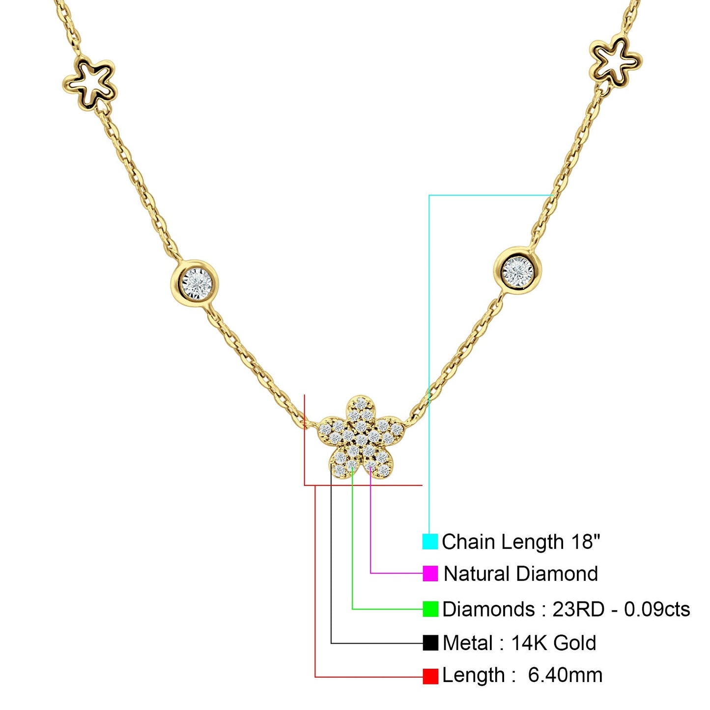 Diamond Flower Star Pendant Necklace 14K Yellow Gold 0.09ct Wholesale