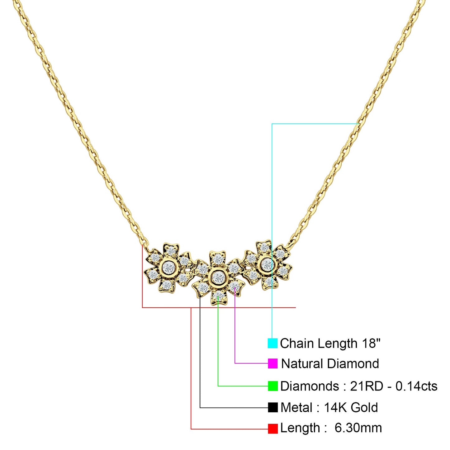 Diamond Pendant Flower Necklace 14K Yellow Gold 0.14ct Wholesale