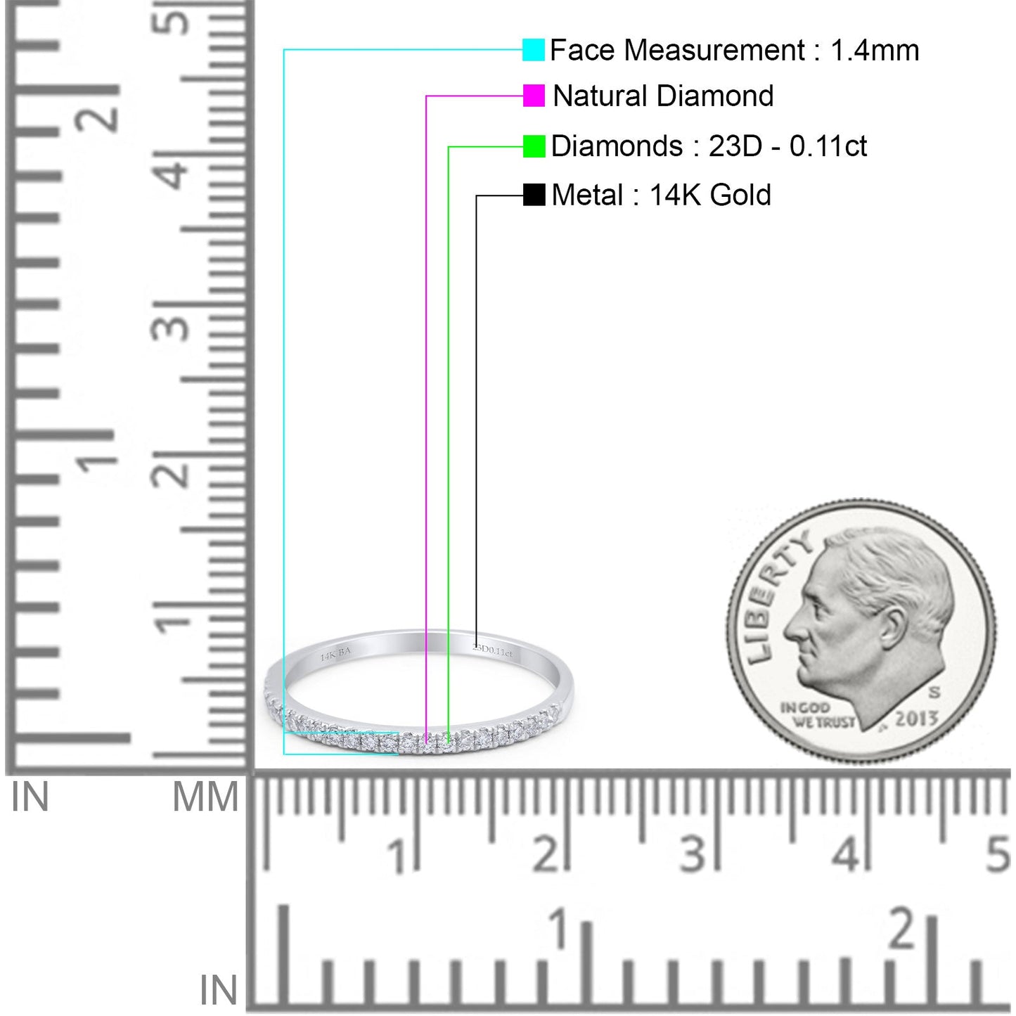 14K White Gold 0.11ct Round 1.4mm G SI Half Eternity Art Deco Band Diamond Engagement Wedding Ring