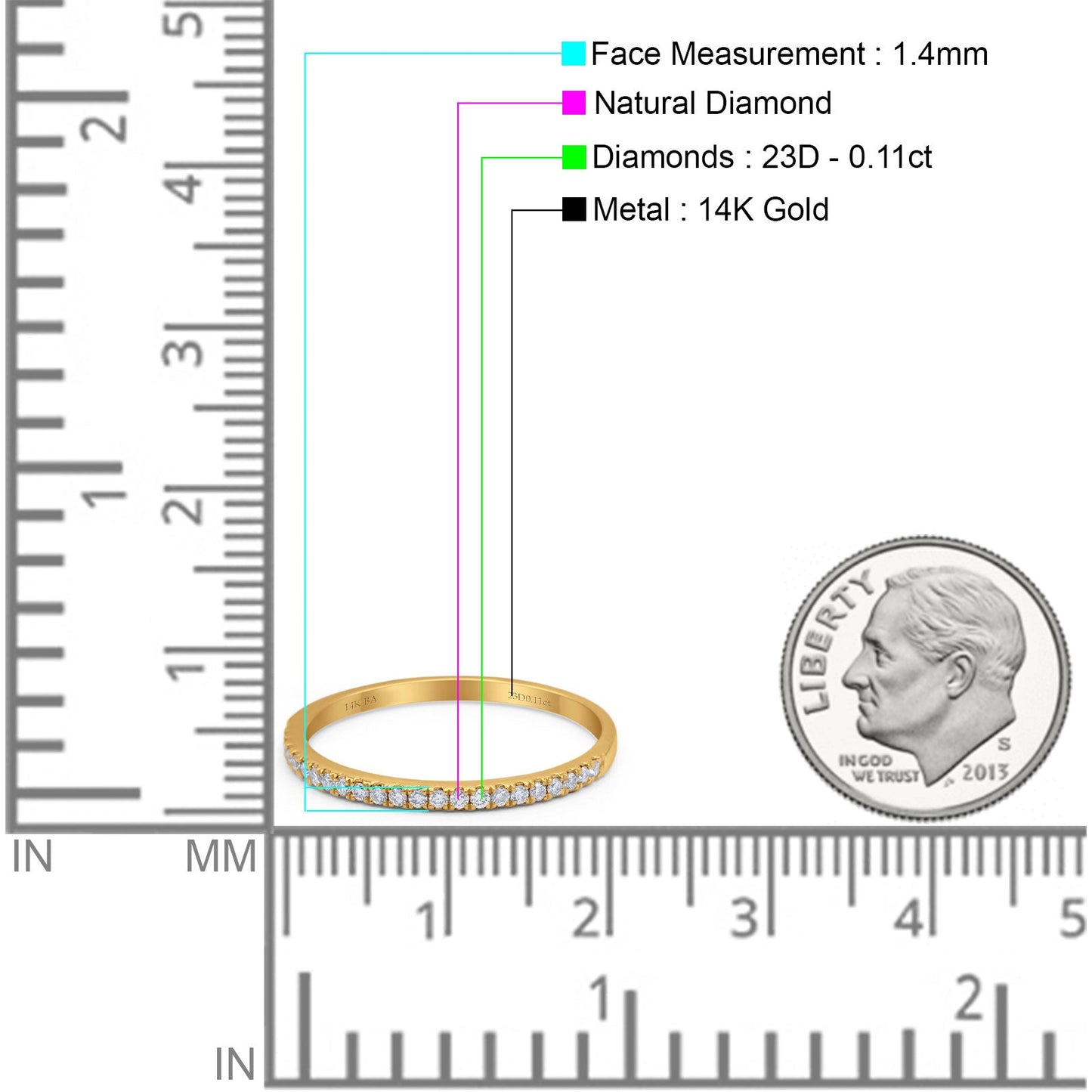 14K Yellow Gold 0.11ct Round 1.4mm G SI Half Eternity Art Deco Band Diamond Engagement Wedding Ring