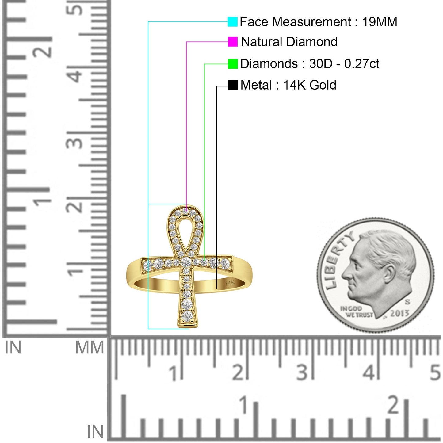 Ankh Cross Eternity Round Natural Diamond Ring 14K Yellow Gold Wholesale