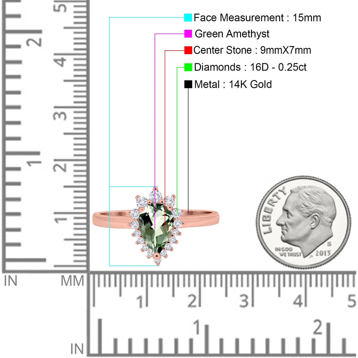 14K Rose Gold 2.00ct Teardrop Pear 9mmx7mm G SI Natural Green Amethyst Diamond Engagement Wedding Ring Size 6.5