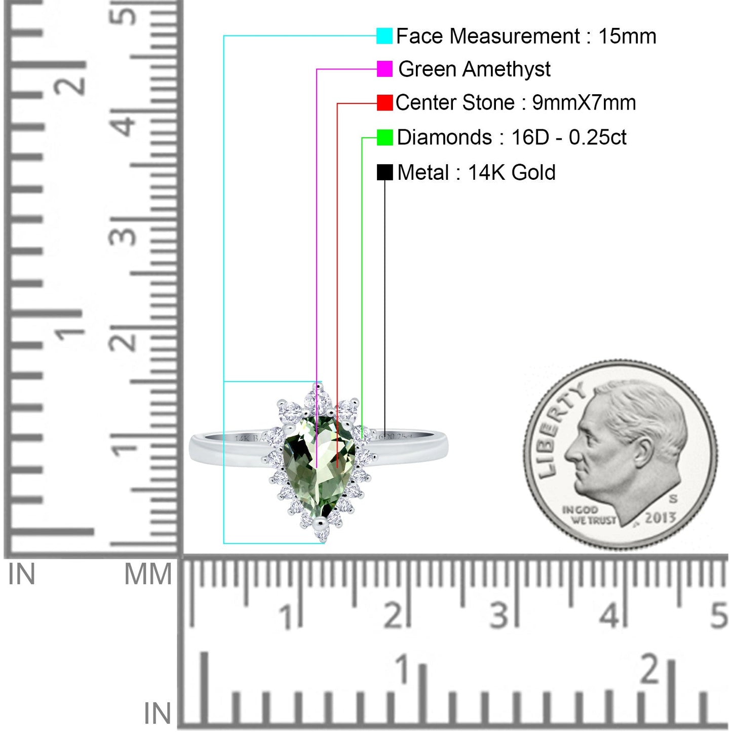 14K White Gold 2.00ct Teardrop Pear 9mmx7mm G SI Natural Green Amethyst Diamond Engagement Wedding Ring Size 6.5