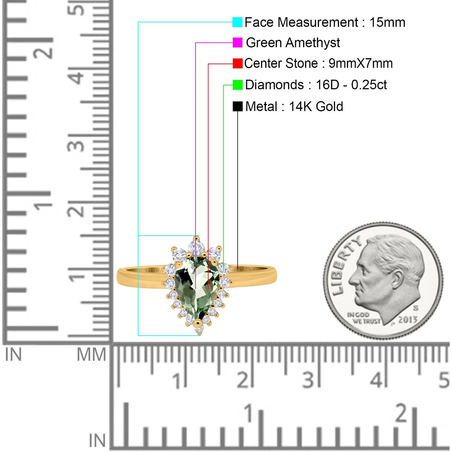 14K Yellow Gold 2.00ct Teardrop Pear 9mmx7mm G SI Natural Green Amethyst Diamond Engagement Wedding Ring Size 6.5