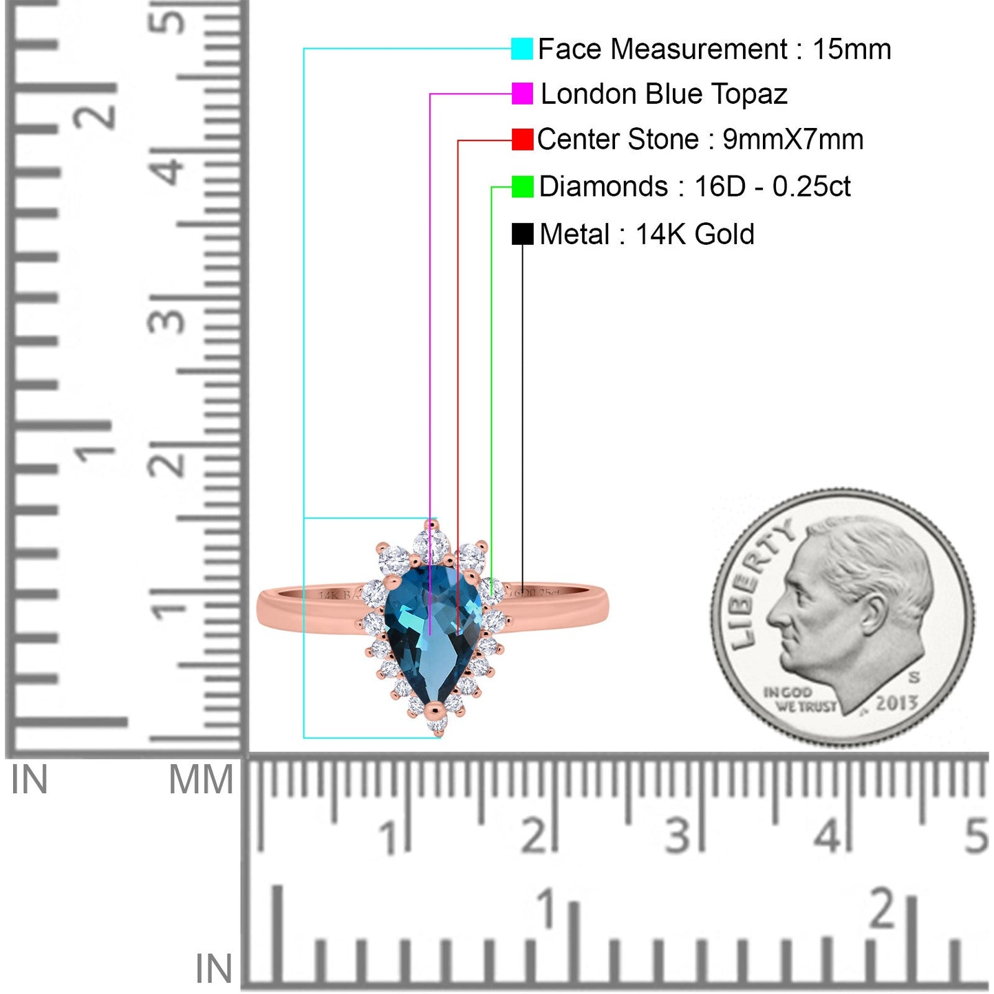 14K Rose Gold 2.00ct Teardrop Pear 9mmx7mm G SI London Blue Topaz Diamond Engagement Wedding Ring Size 6.5