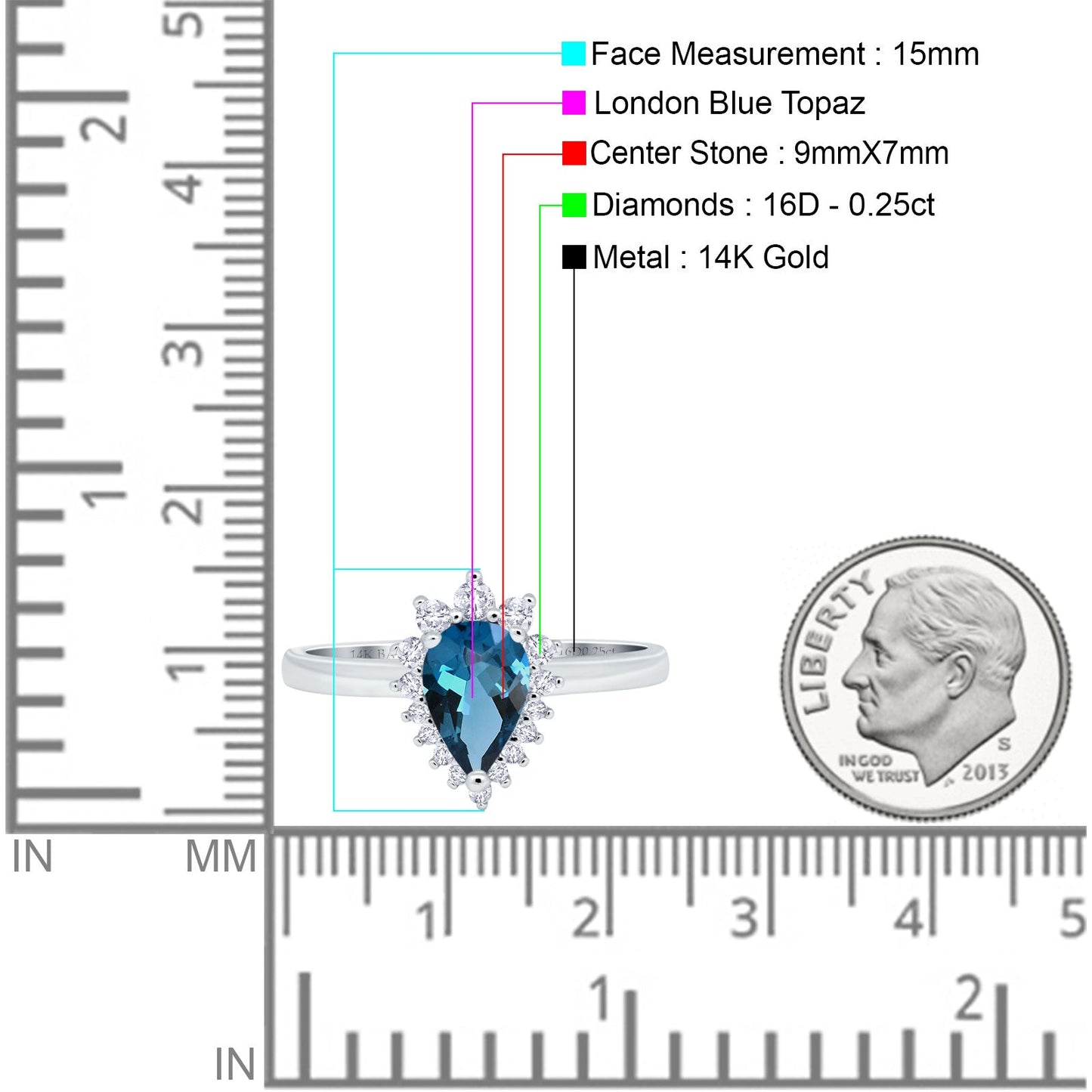 14K White Gold 2.00ct Teardrop Pear 9mmx7mm G SI London Blue Topaz Diamond Engagement Wedding Ring Size 6.5