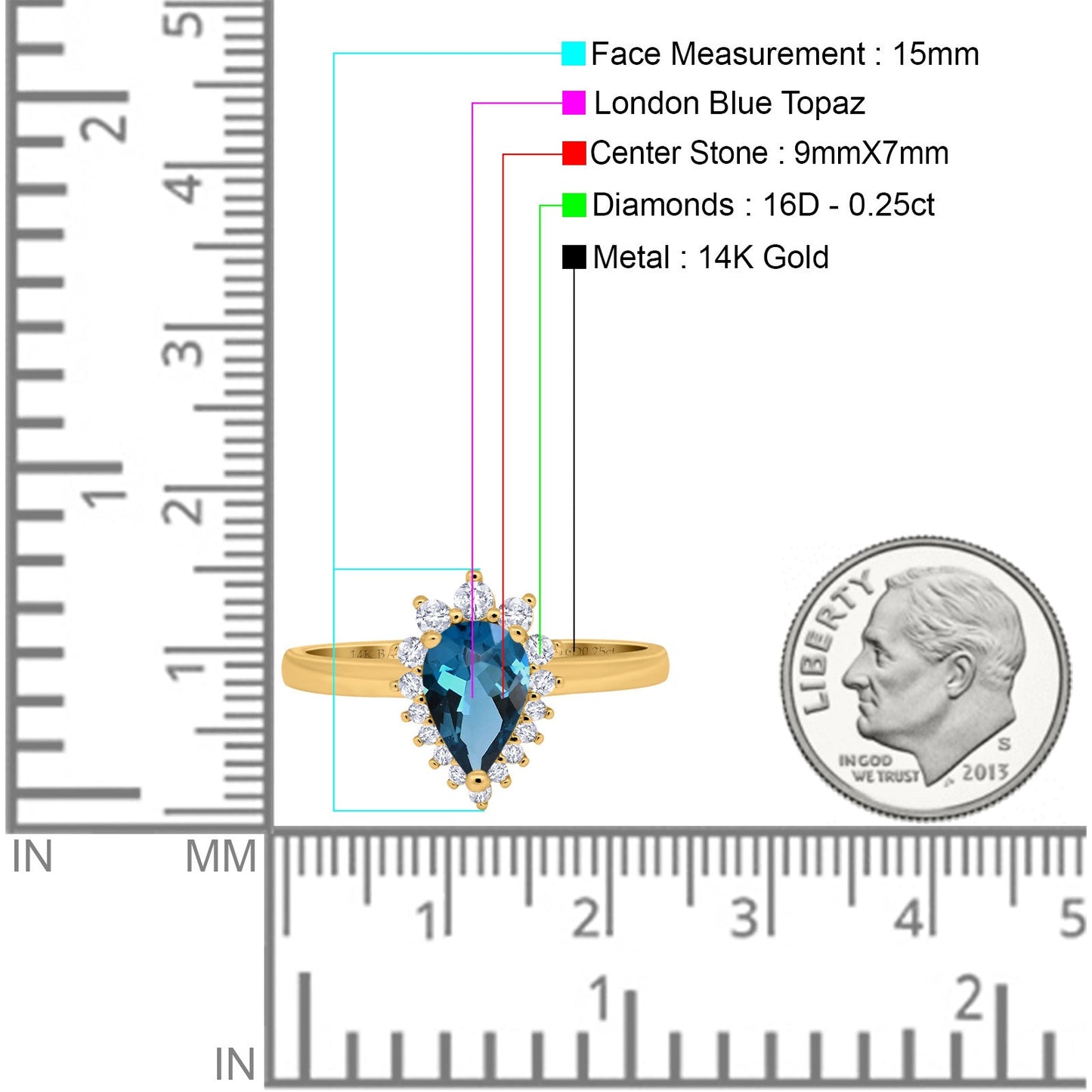 14K Yellow Gold 2.00ct Teardrop Pear 9mmx7mm G SI London Blue Topaz Diamond Engagement Wedding Ring Size 6.5