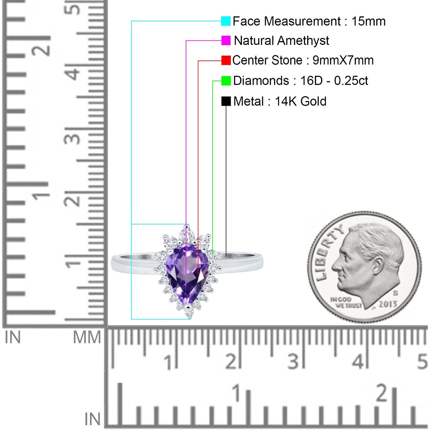 Bague de fiançailles en or blanc 14 carats, 2,00 ct, forme poire en forme de larme, 9 mm x 7 mm, G SI, améthyste naturelle, diamant, taille 6,5