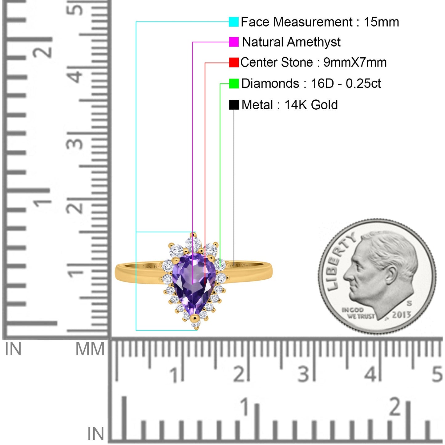 14K Yellow Gold 2.00ct Teardrop Pear 9mmx7mm G SI Natural Amethyst Diamond Engagement Wedding Ring Size 6.5