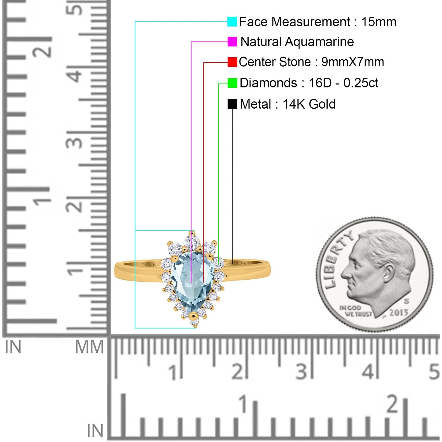 14K Yellow Gold 2.00ct Teardrop Pear 9mmx7mm G SI Natural Aquamarine Diamond Engagement Wedding Ring Size 6.5