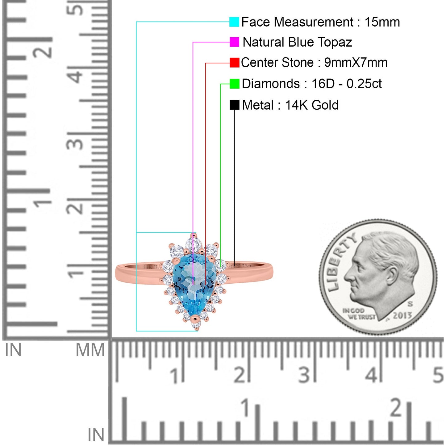 14K Rose Gold 2.00ct Teardrop Pear 9mmx7mm G SI Natural Blue Topaz Diamond Engagement Wedding Ring Size 6.5