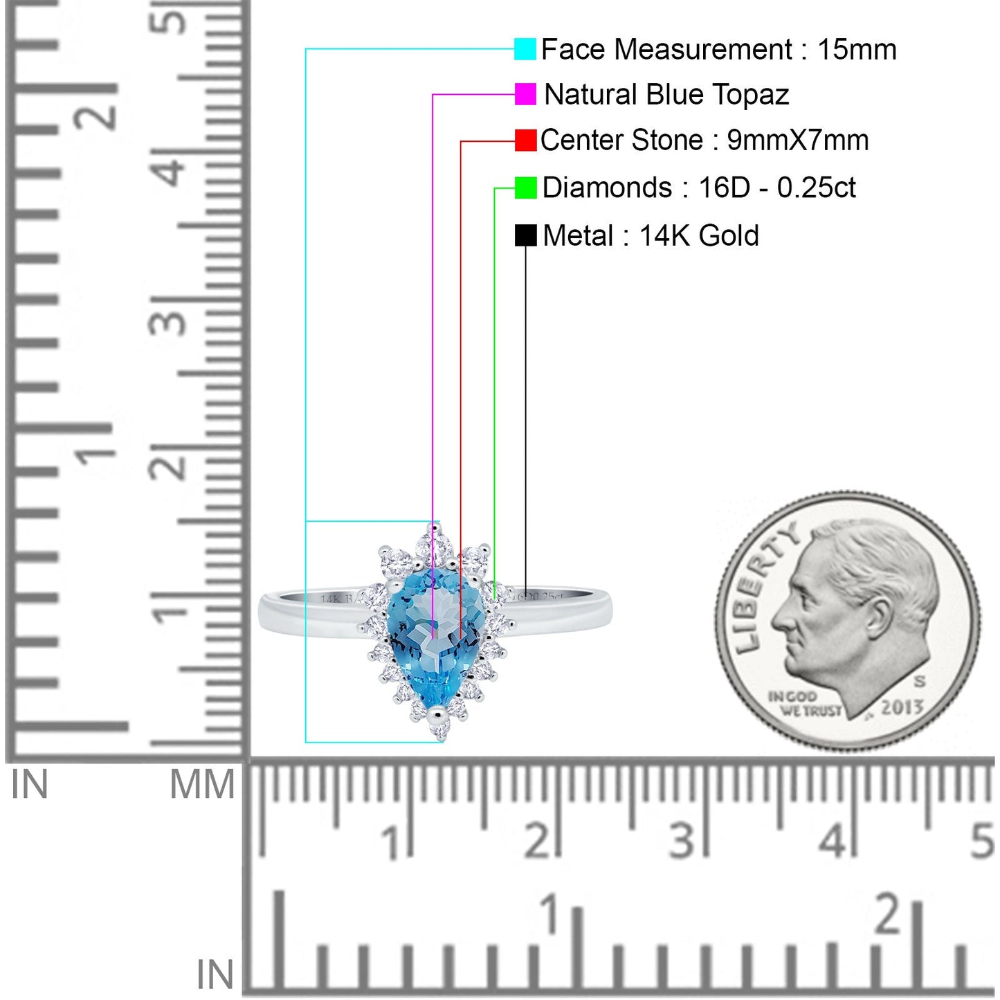 Bague de fiançailles en or blanc 14 carats avec topaze bleue naturelle en forme de poire de 9 mm x 7 mm et 2,00 ct en forme de larme, taille 6,5