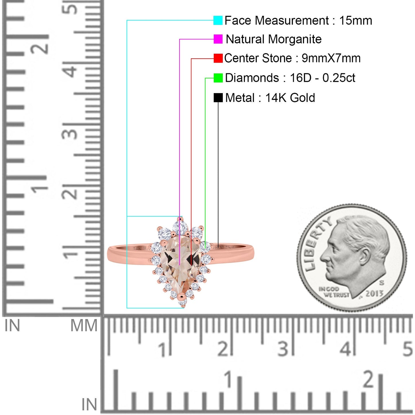 14K Rose Gold 2.00ct Teardrop Pear 9mmx7mm G SI Natural Morganite Diamond Engagement Wedding Ring Size 6.5